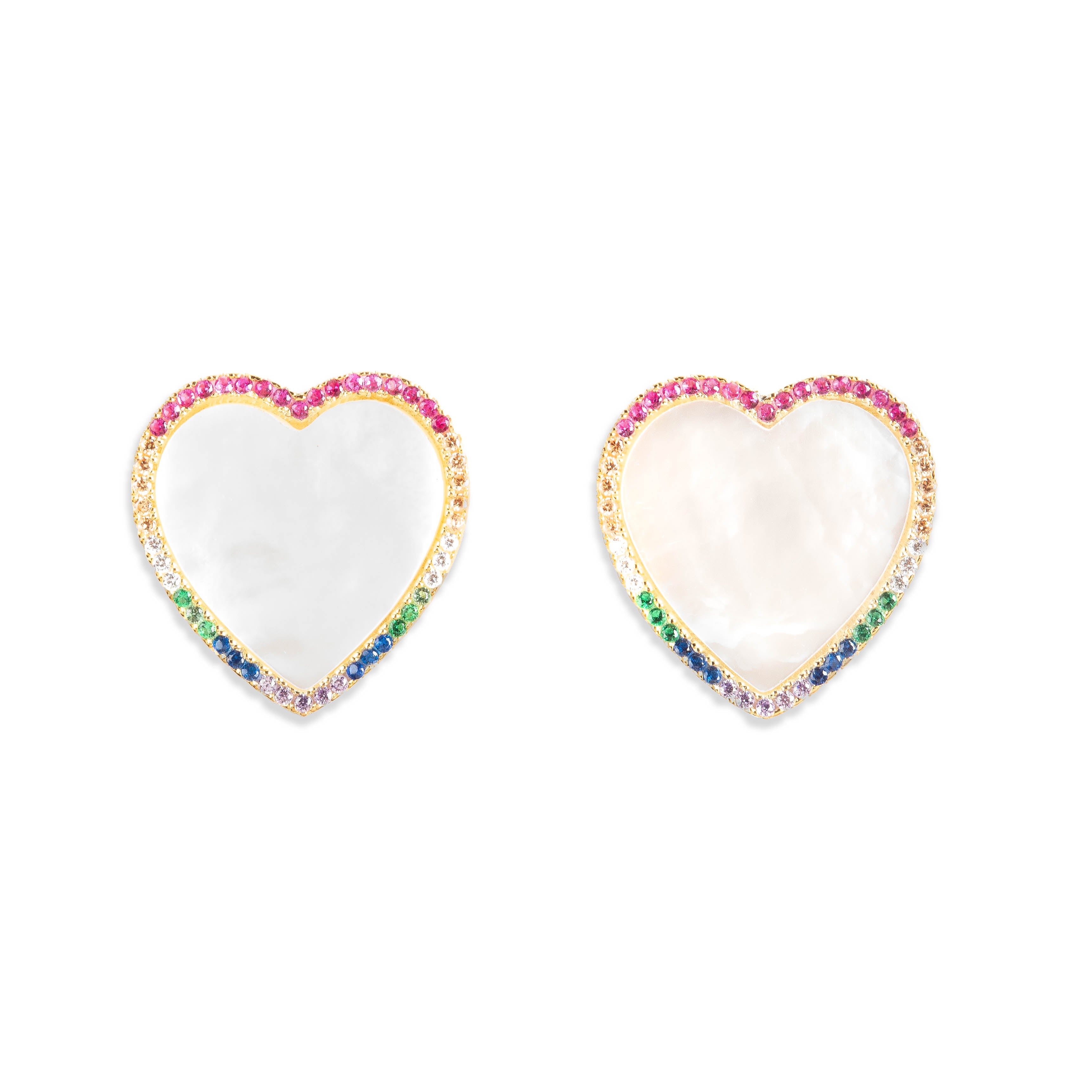 HEART EARRINGS WITH MOTHER OF PEARL AND MULTICOLOR CRYSTALS SET IN 925 SILVER GOLD PLATED