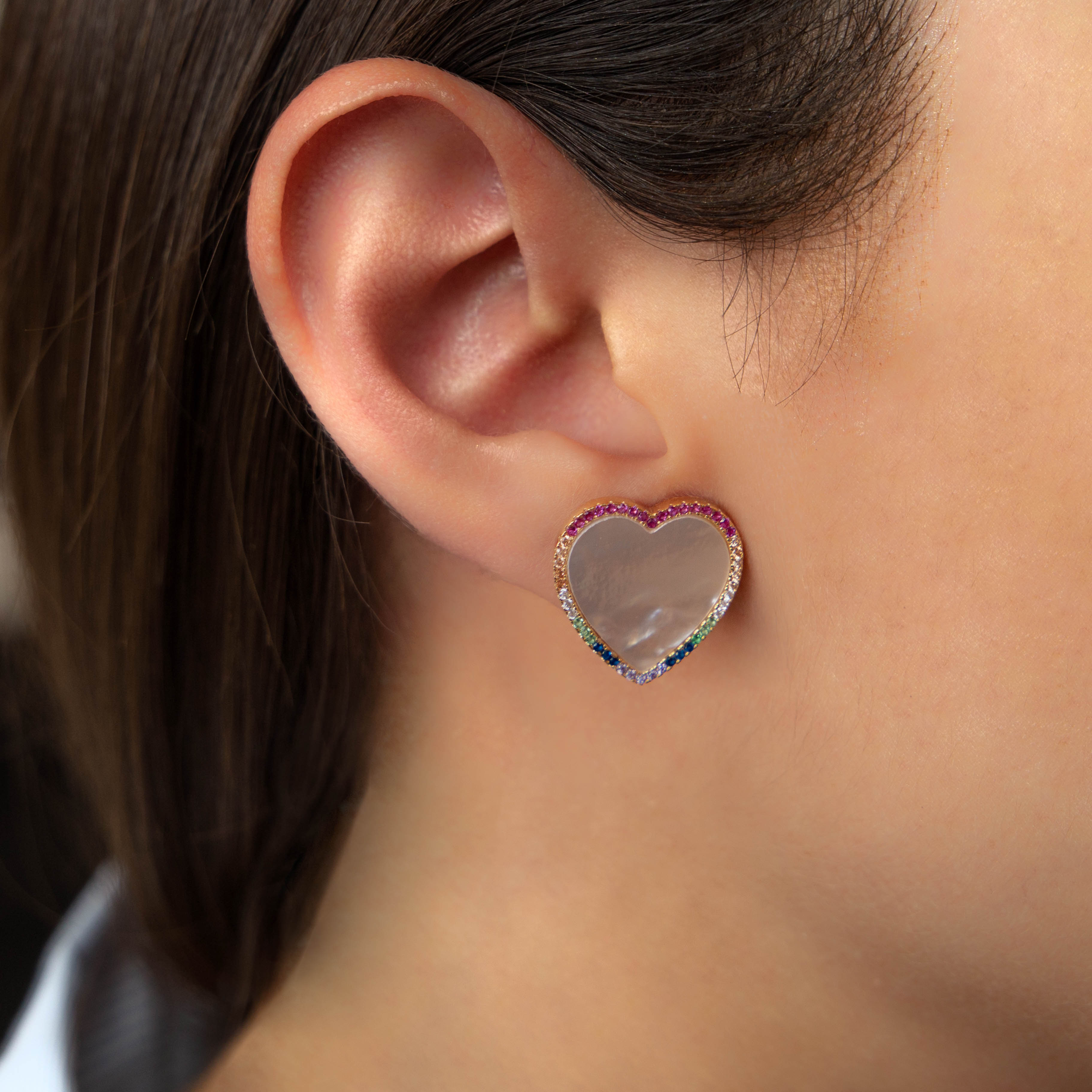 HEART EARRINGS WITH MOTHER OF PEARL AND MULTICOLOR CRYSTALS SET IN 925 SILVER GOLD PLATED