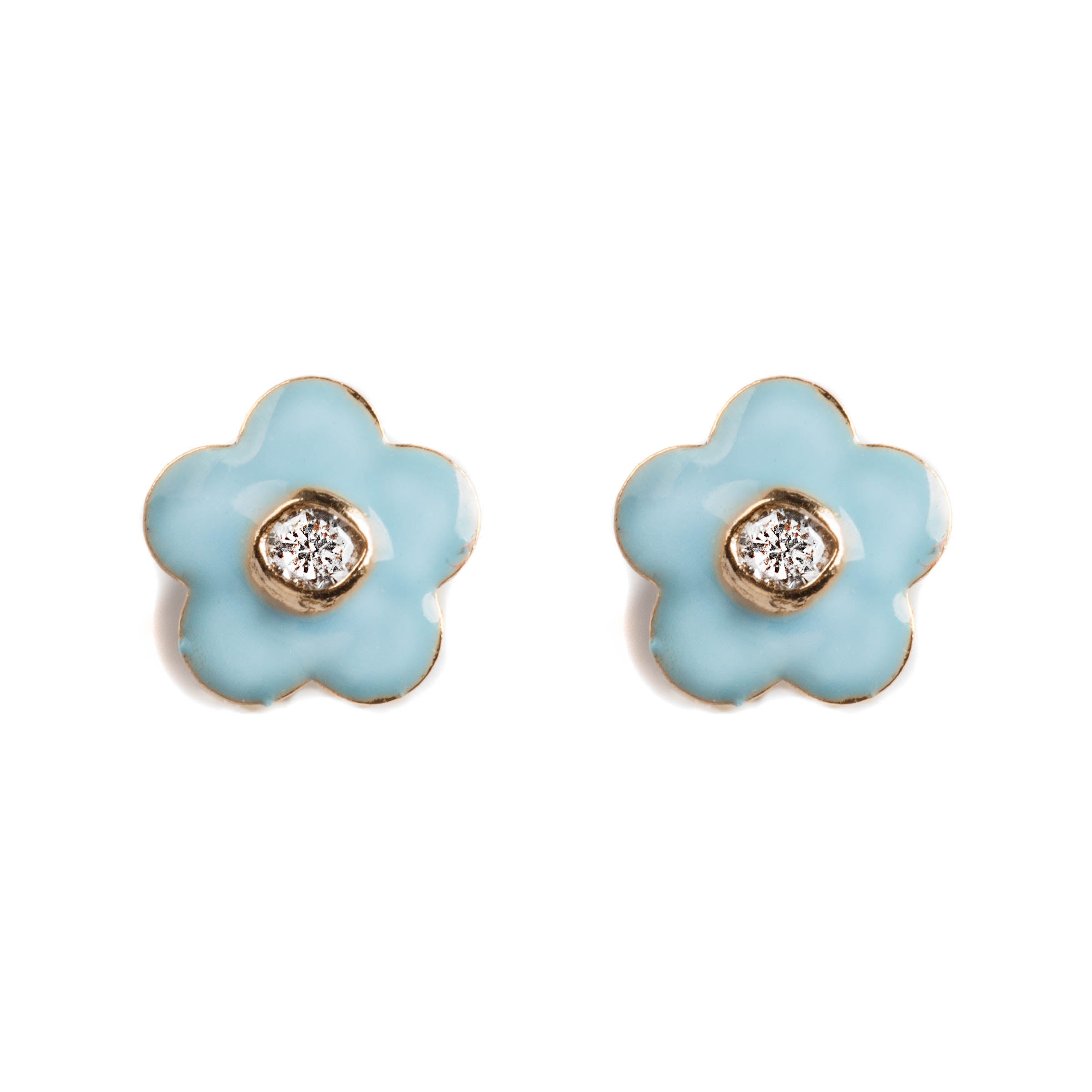 CRYSTAL FLOWERS WITH ENAMEL BABY EARRINGS SET IN 14K YELLOW GOLD