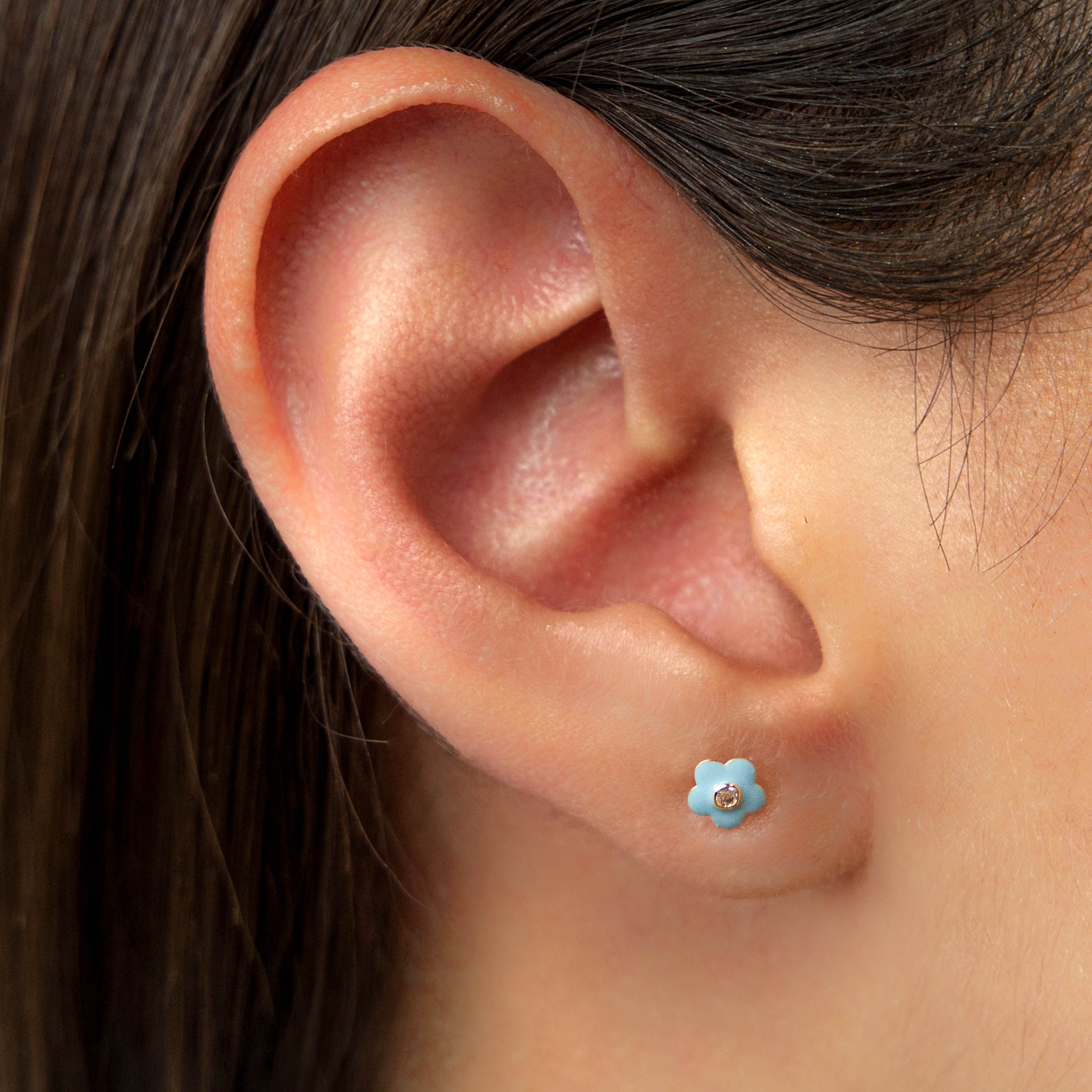 CRYSTAL FLOWERS WITH ENAMEL BABY EARRINGS SET IN 14K YELLOW GOLD