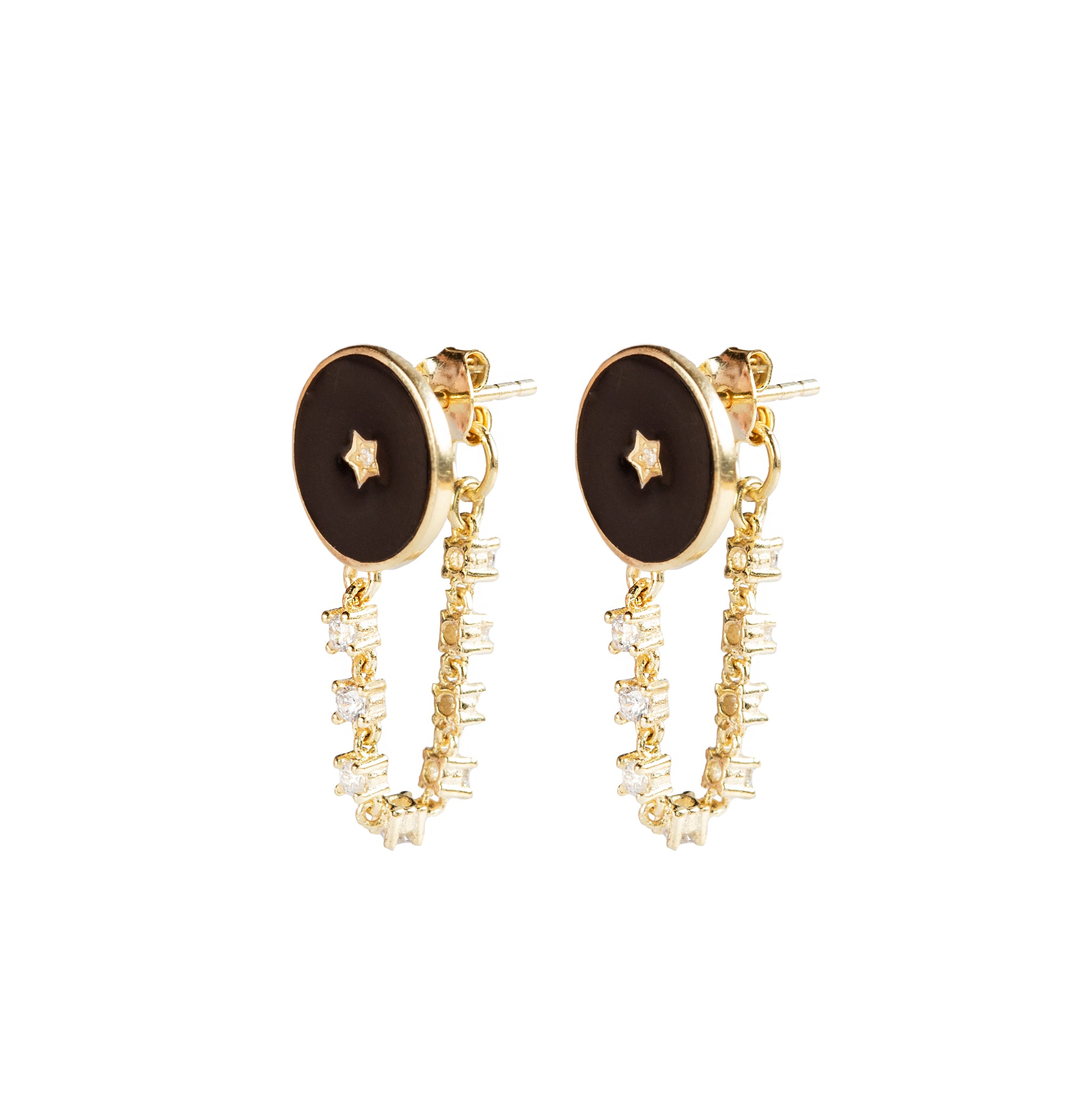 925 GOLD PLATED DANGLING CRYSTALS EARRINGS WITH BLACK ENAMEL