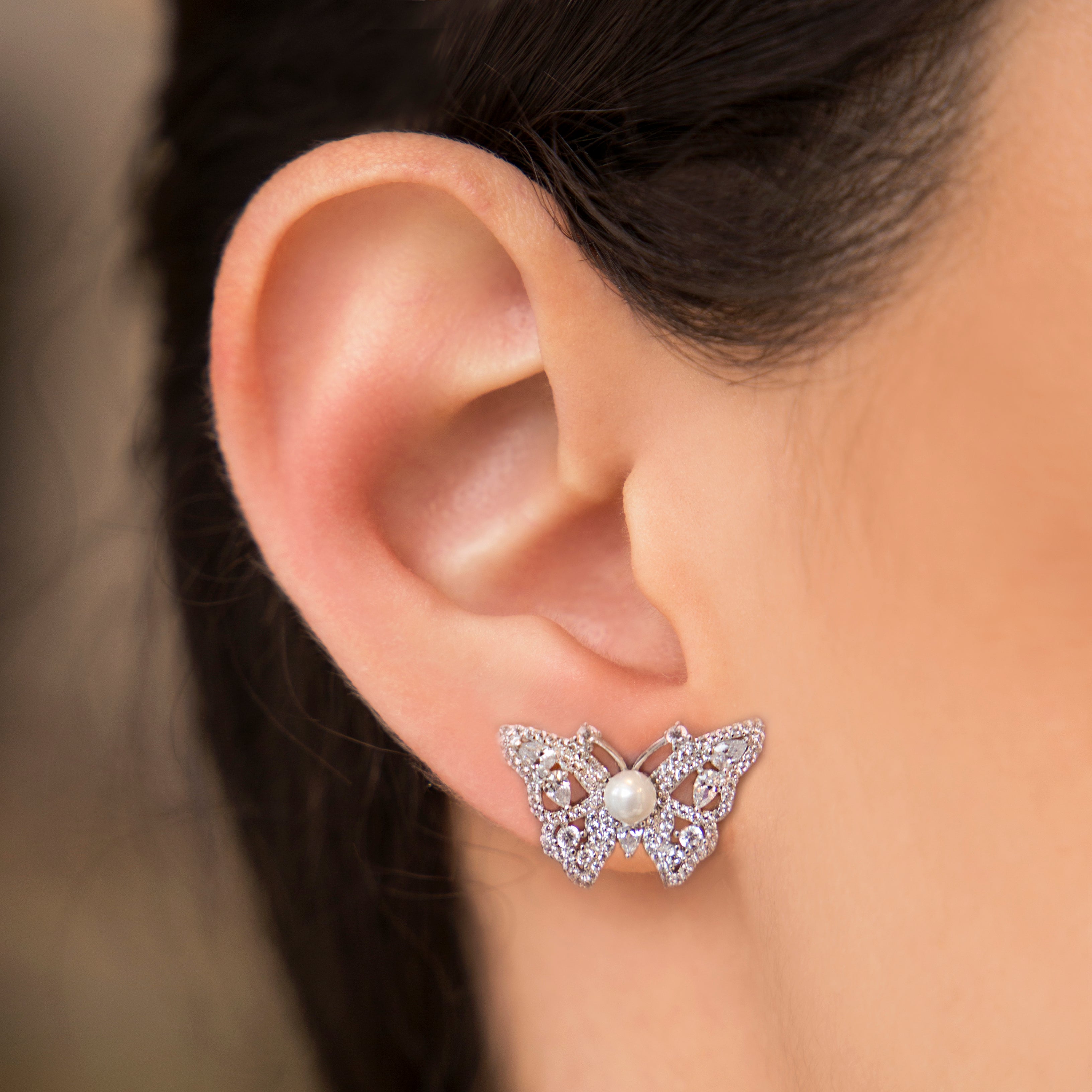 925 SILVER BUTTERFLY EARRINGS WITH CRYSTALS AND PEARL