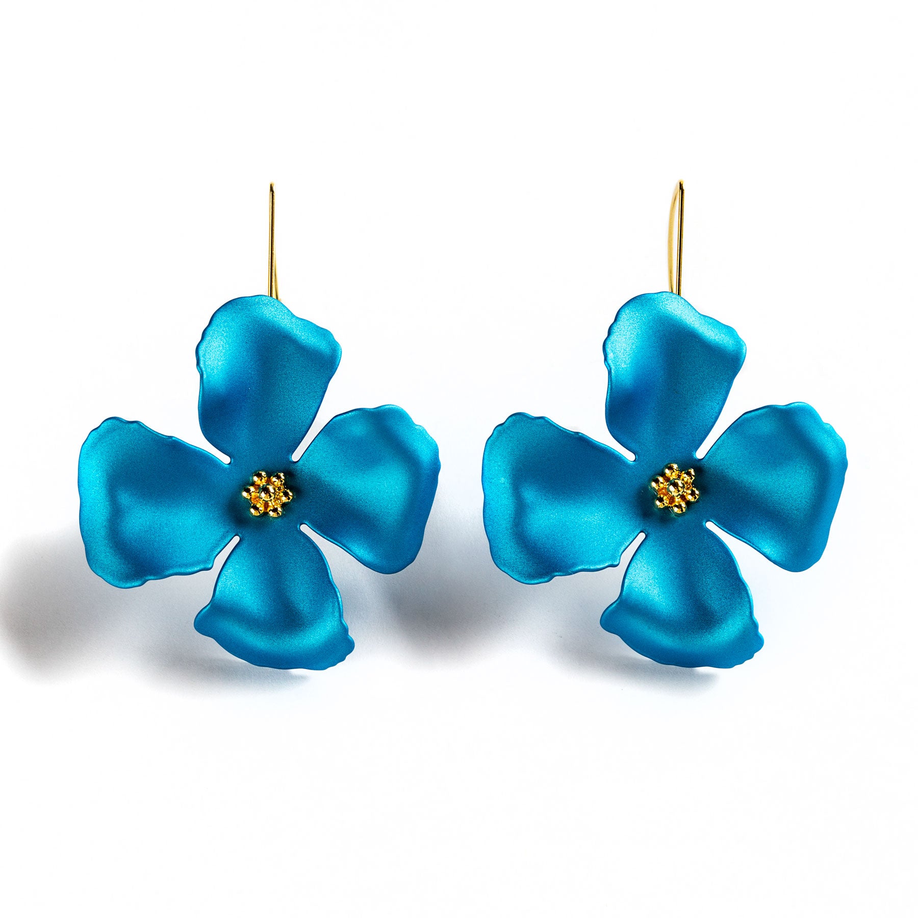 GOLDEN METAL FLOWER LONG EARRINGS TURQUOISE COLOR HAND PAINTED