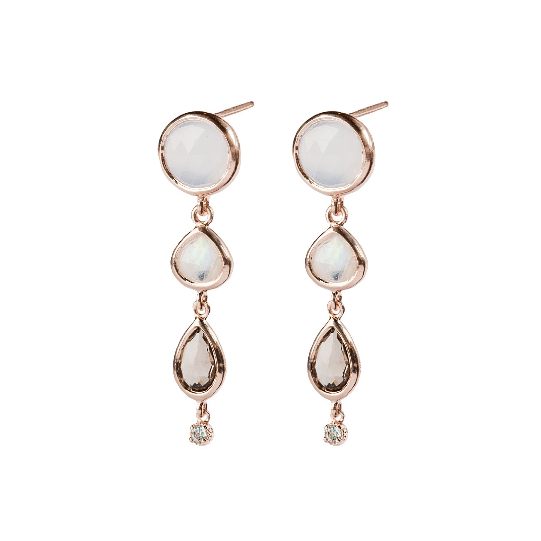 BLUE CHALCEDONY, MOONSTONE AND SMOKEY QUARTZ EARRINGS SET IN ROSE GOLD PLATED