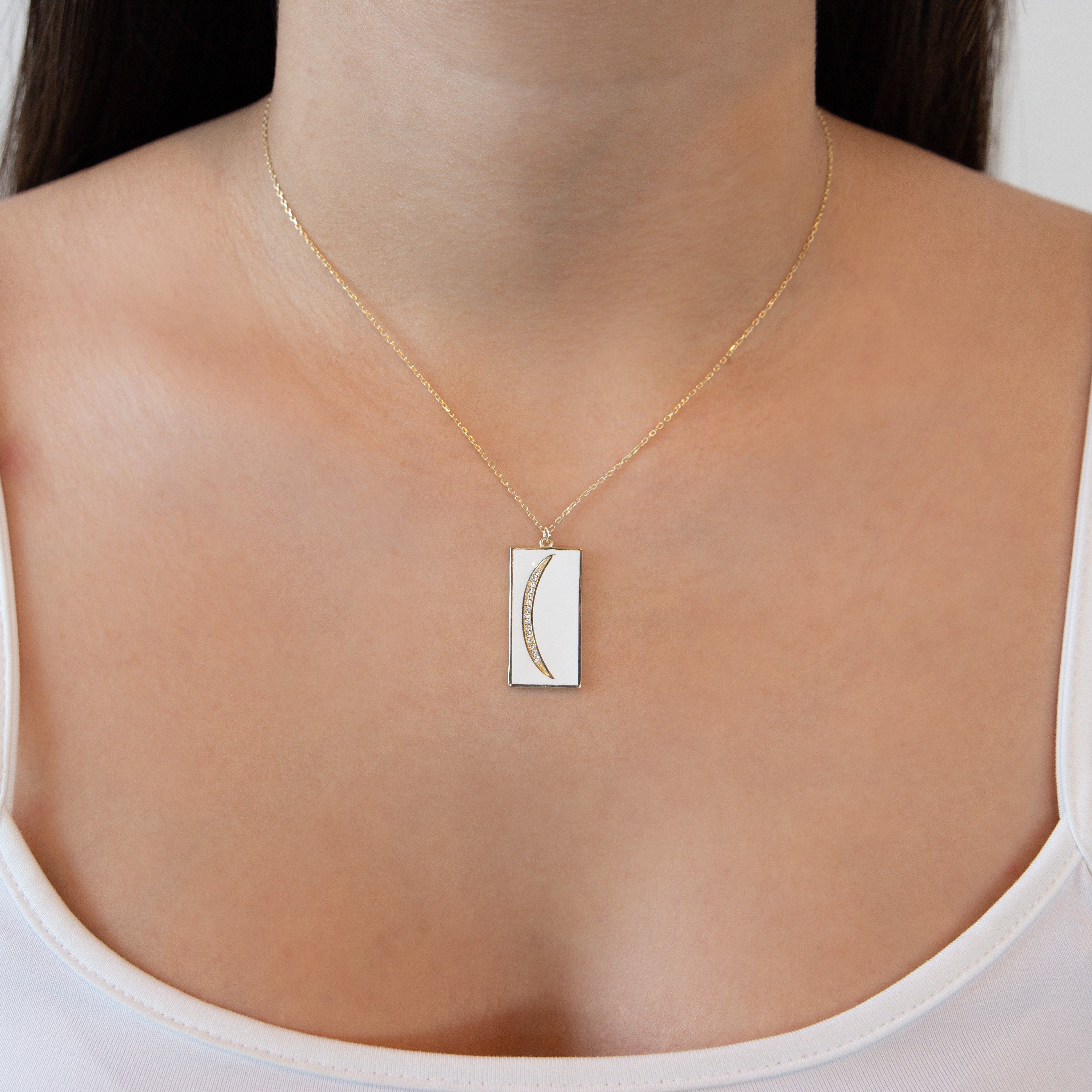 925 GOLD PLATED CRYSTALS MOON PENDANT WITH WHITE ENAMEL