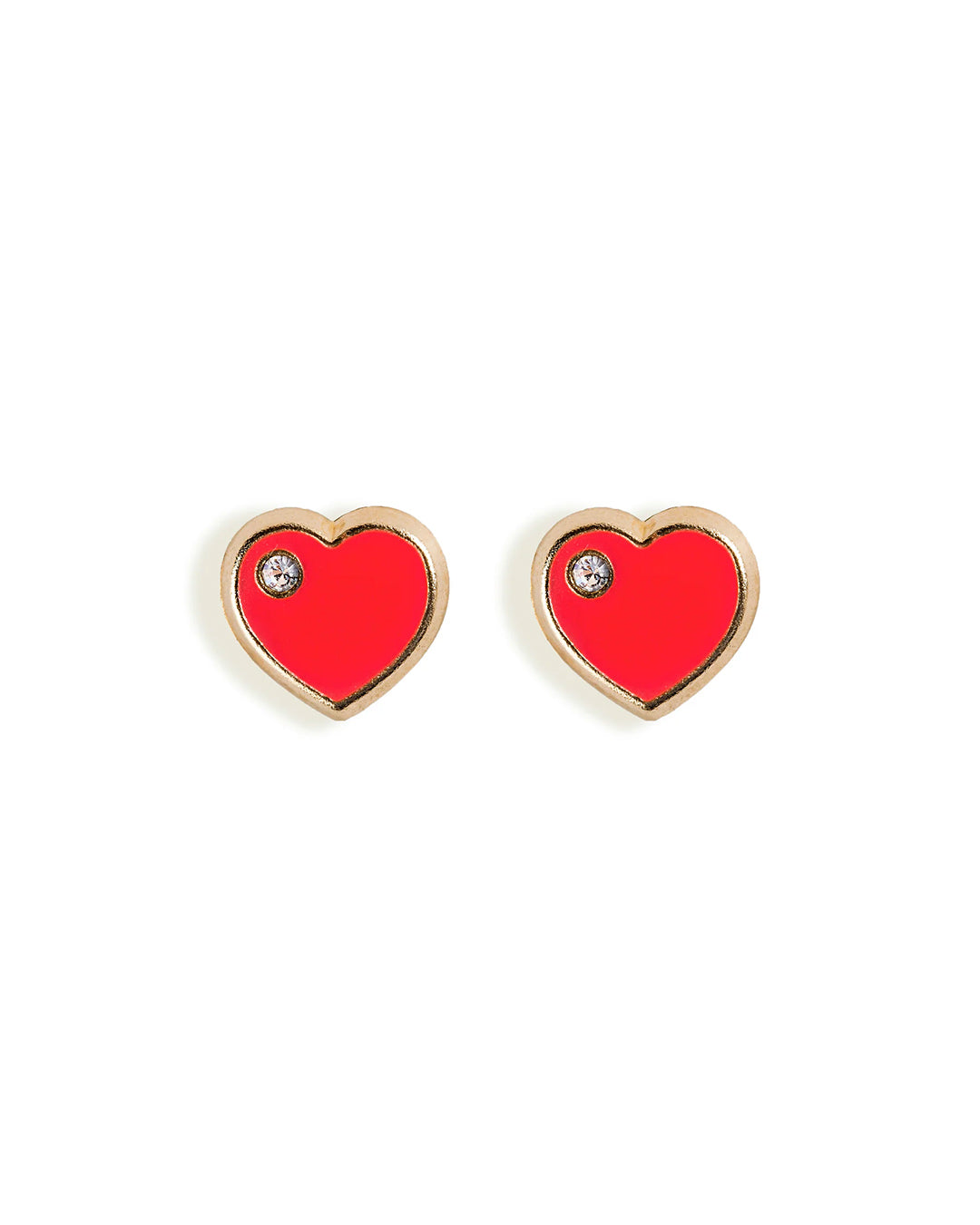 ARETES DE BEBE DE CORAZON CON CRISTAL Y ESMALTE ROSA EN ORO AMARILL DE 14K