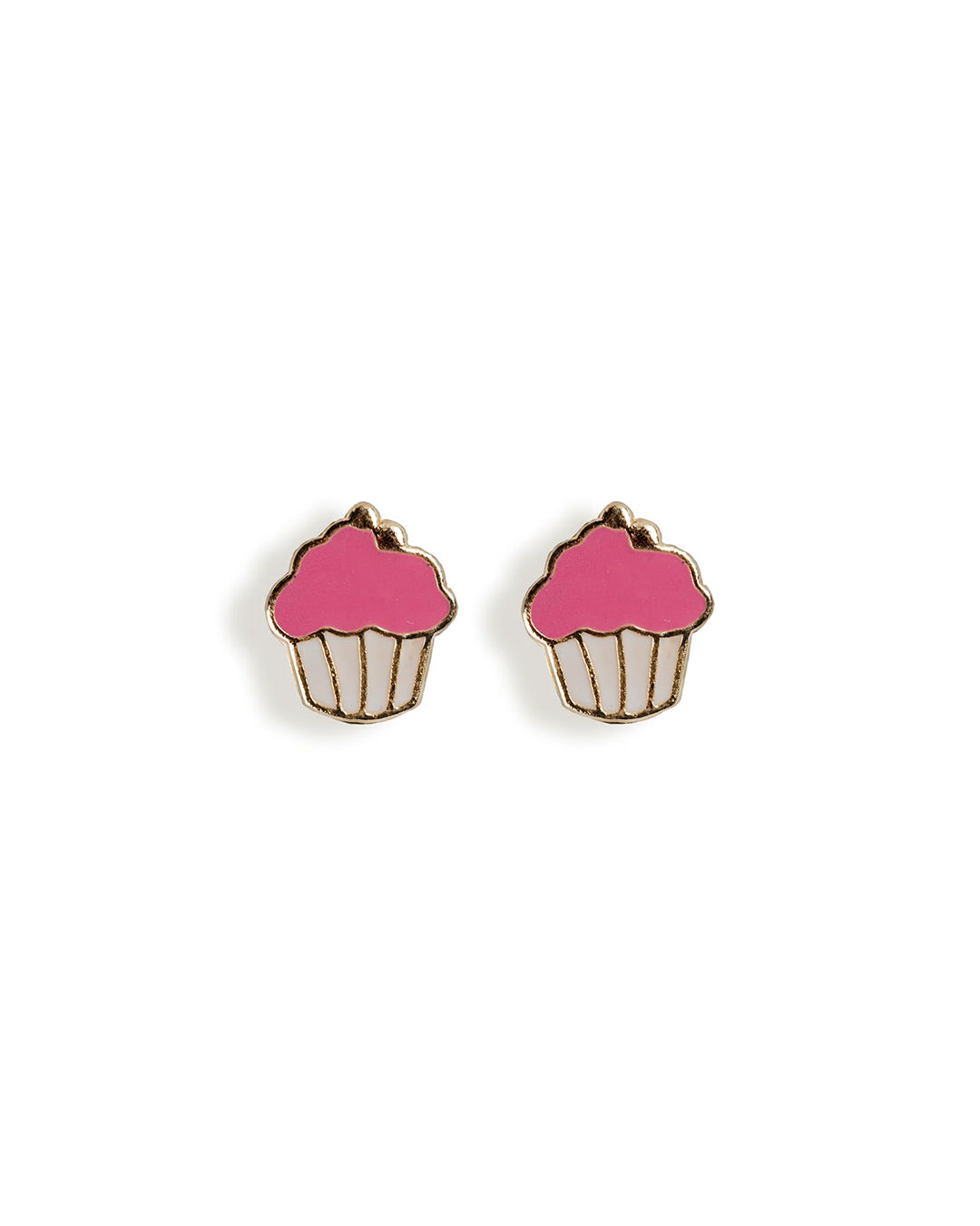 ARETES DE BEBE EN FORMA DE CUPCAKE CON ESMALTE BLANCO Y ROSADO EN ORO AMARILLO DE 14K