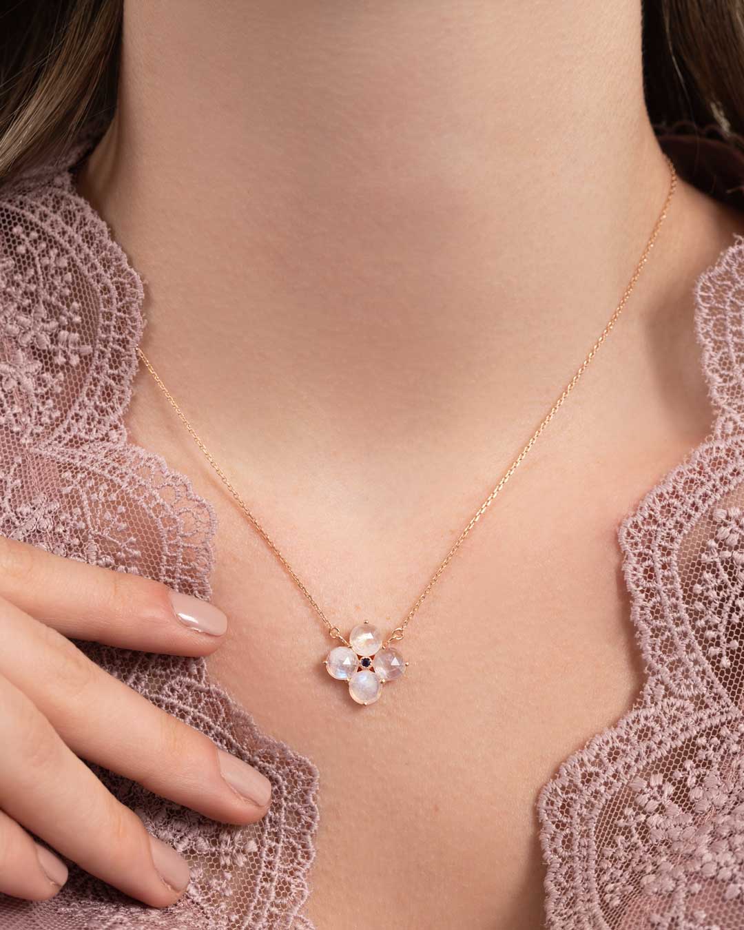 925 ROSE GOLD PLATED MOONSTONE AND IOLITE FLOWER NECKLACE