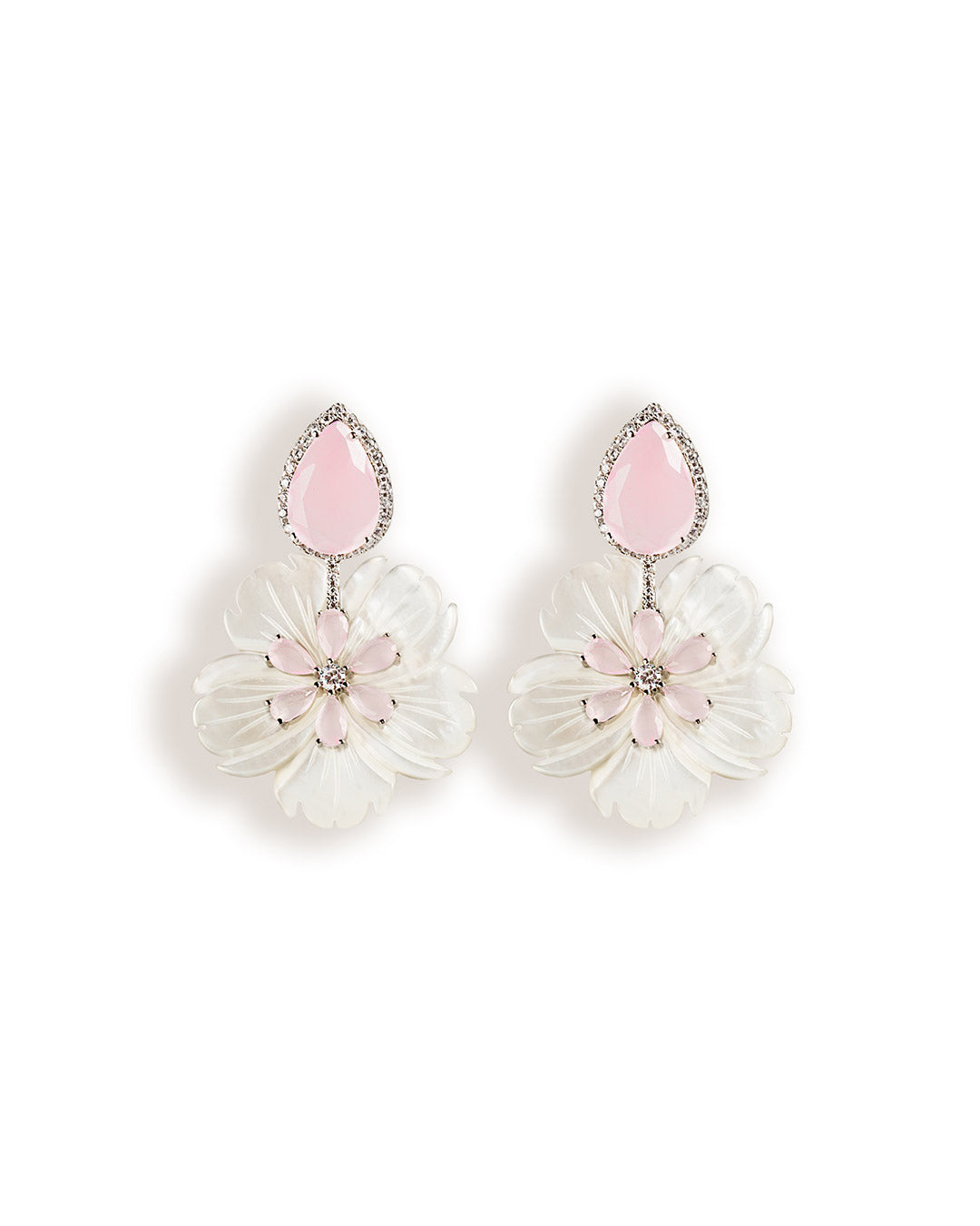 925 SILVER FLOWER EARRINGS WITH MOTHER OF PEARL AND PINK CRYSTALS