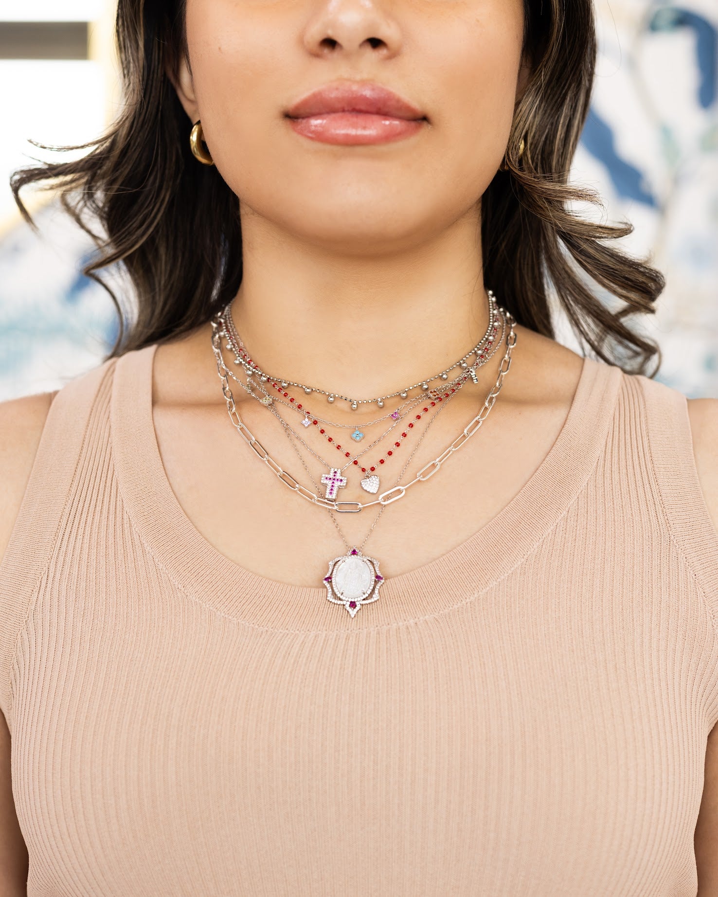 925SS HEART PAVE CZ AND BEAND ENAMEL CORAL NECKLACE