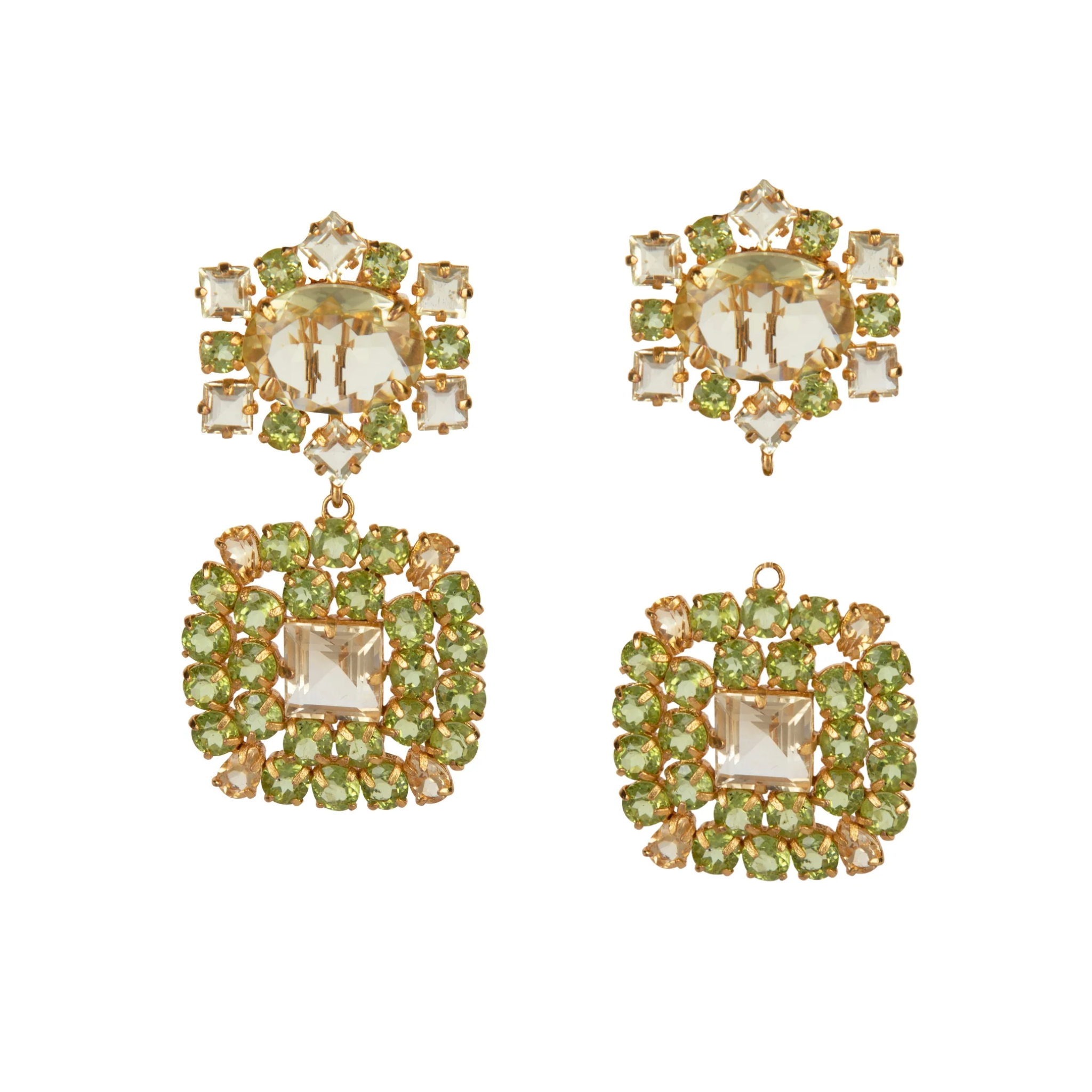EARRINGS CLUSTER OF CLEAR QUARTZ AND PERIDOT SQUARE DROP