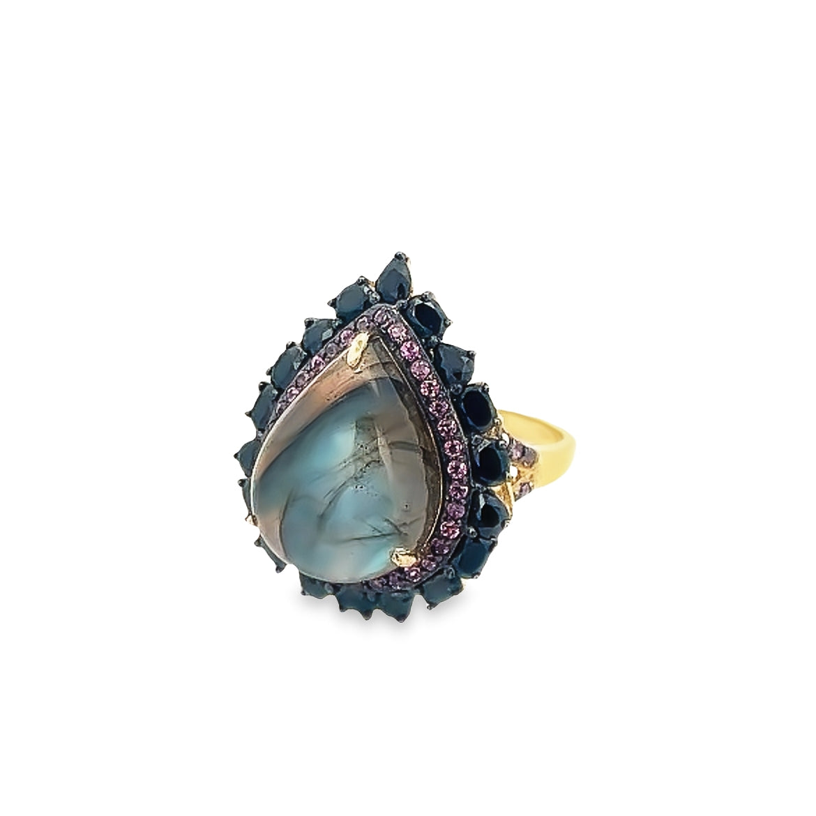 925 SILVER GOLD PLATED RING WITH LABRADORITE AND CRYSTAL