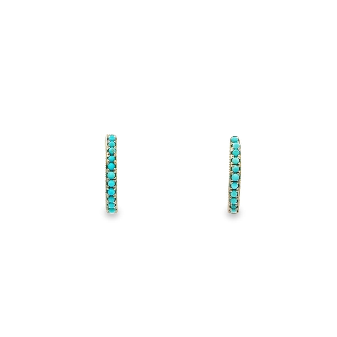 TURQUOISE HUGGIE EARRINGS SET IN 14K YELLOW GOLD