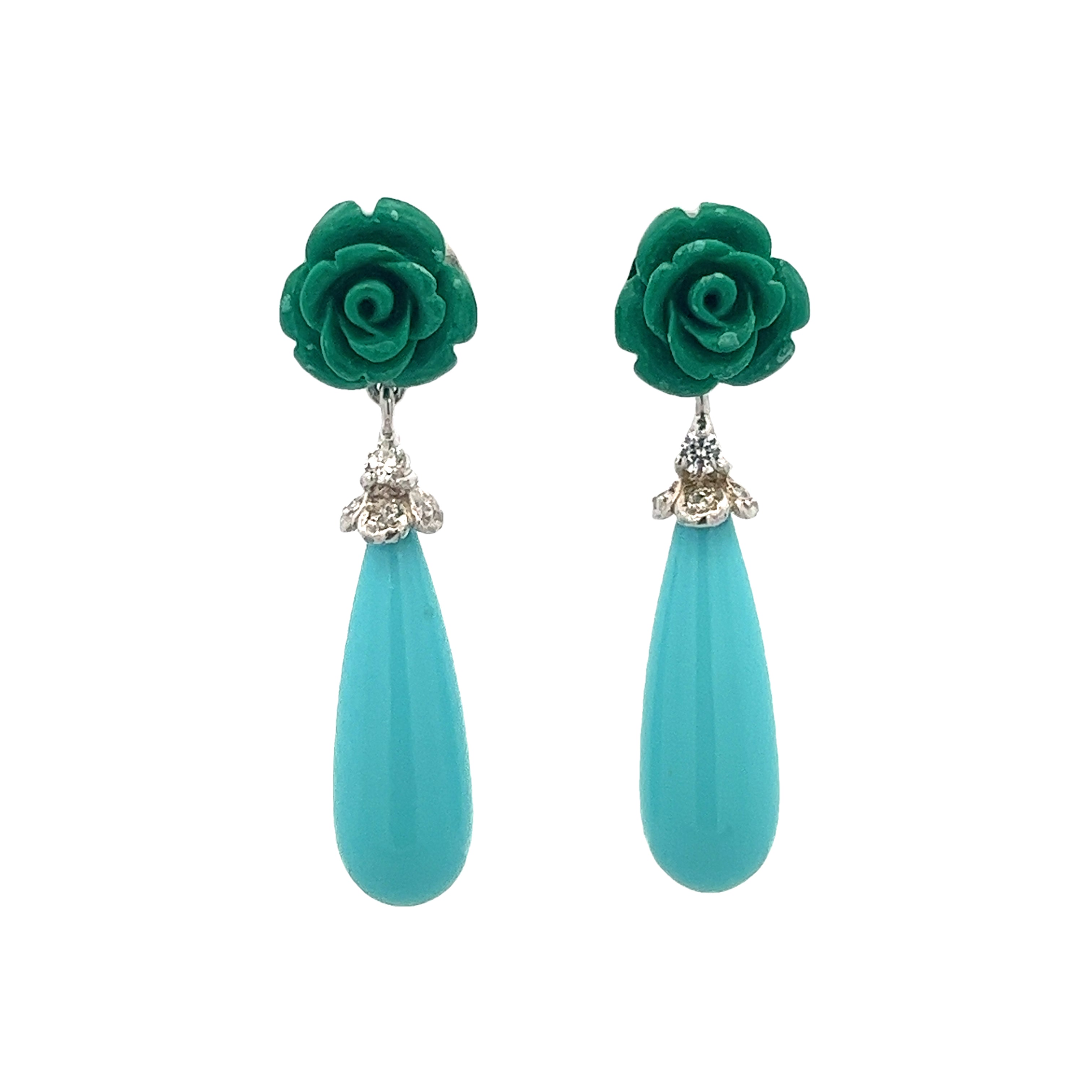 925 SILVER PLATED EARRINGS WITH GREEN FLOWER AND TURQUOISE DROP