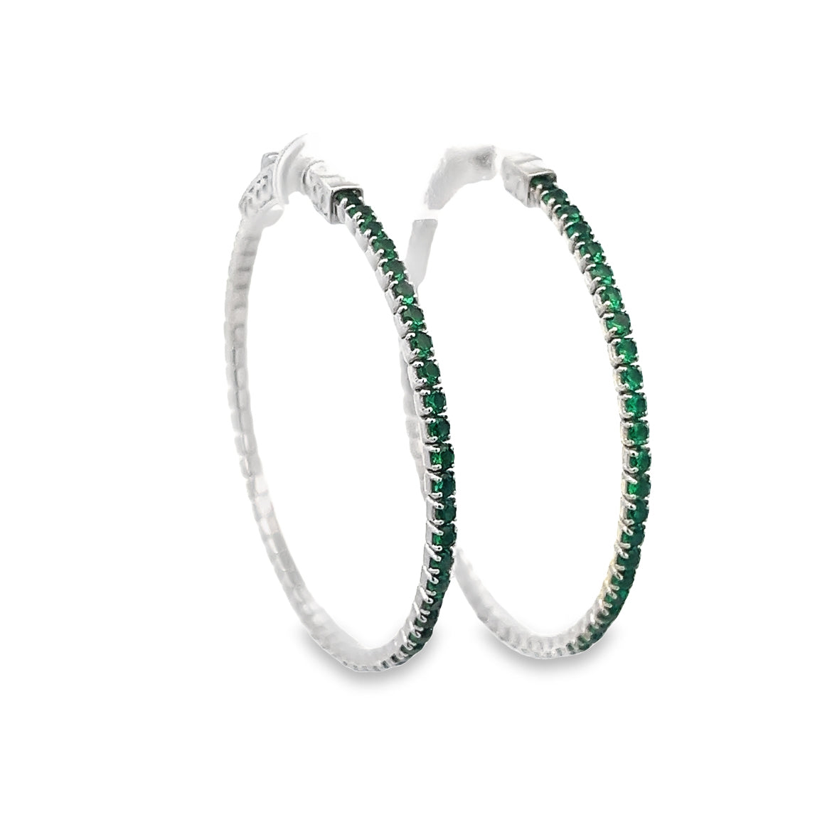 925 SILVER PLATED MEDIUM HOOPS WITH GREEN CRYSTALS