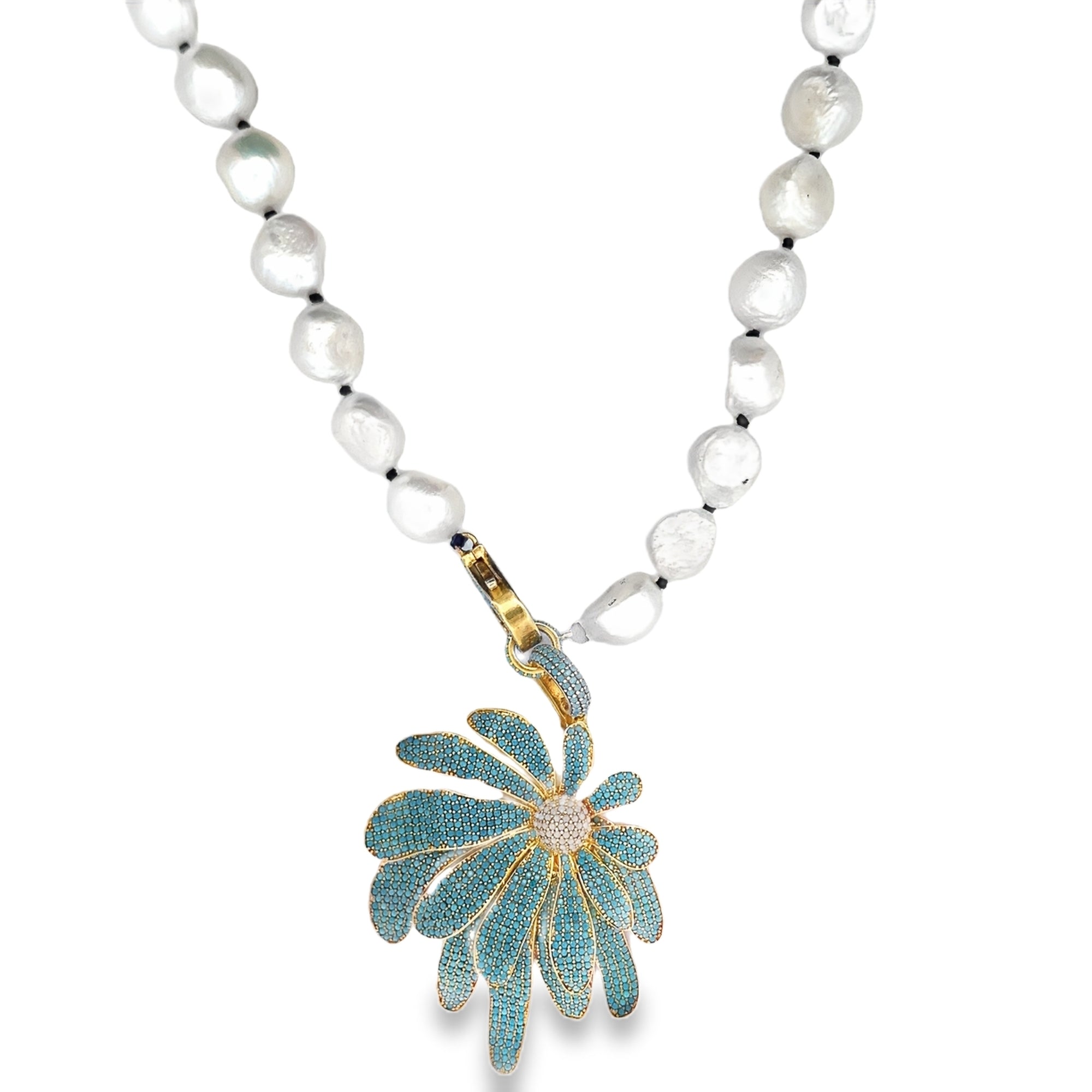 PEARL NECKLACE WITH MULTICOLOR CRYSTAL FLOWER CHARM