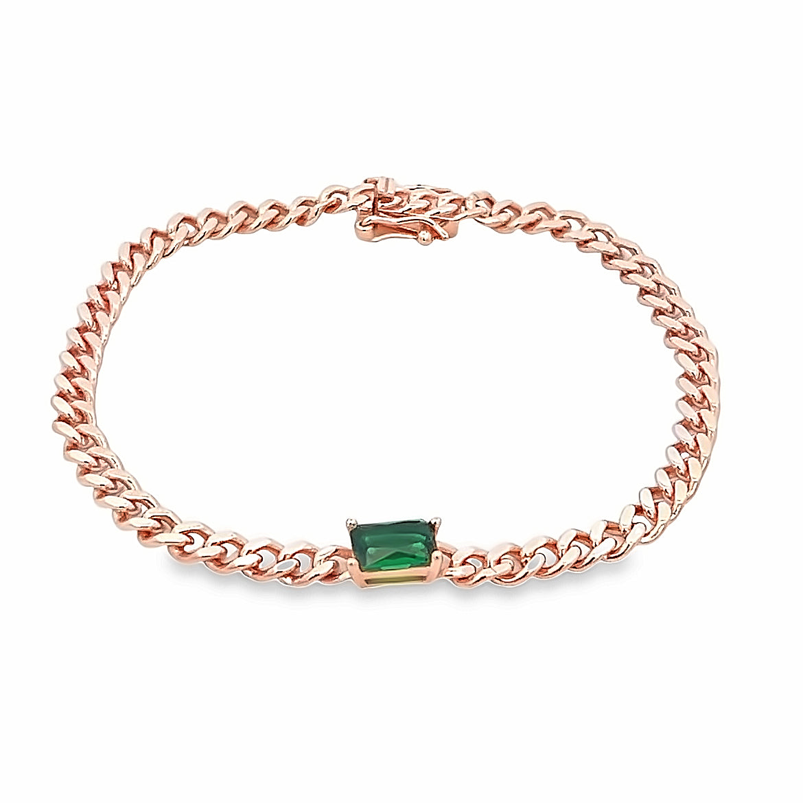 925 SILVER ROSE GOLD PLATED LINKS BRACELET WITH GREEN CRYSTAL