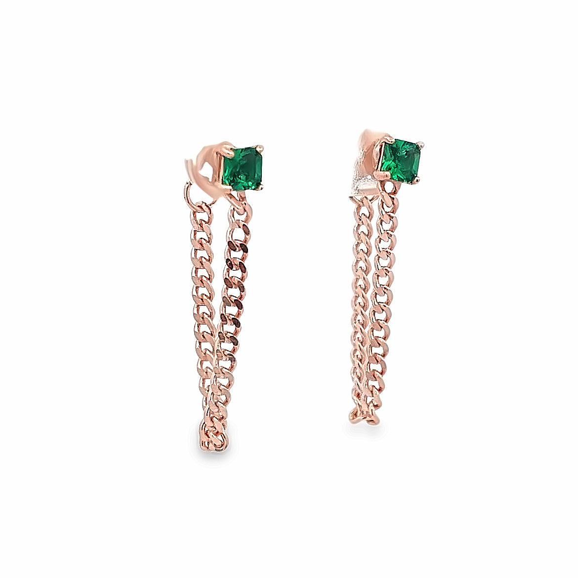 925 SILVER ROSE GOLD CHAIN EARRINGS WITH GREEN CRYSTALS