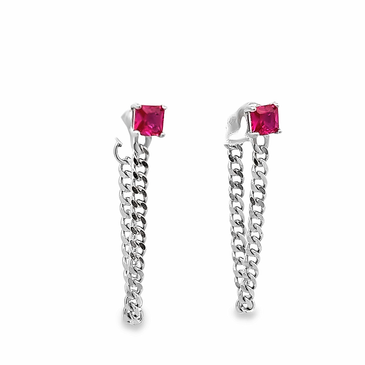 925 SILVER PLATED CHAIN EARRINGS WITH PINK CRYSTALS
