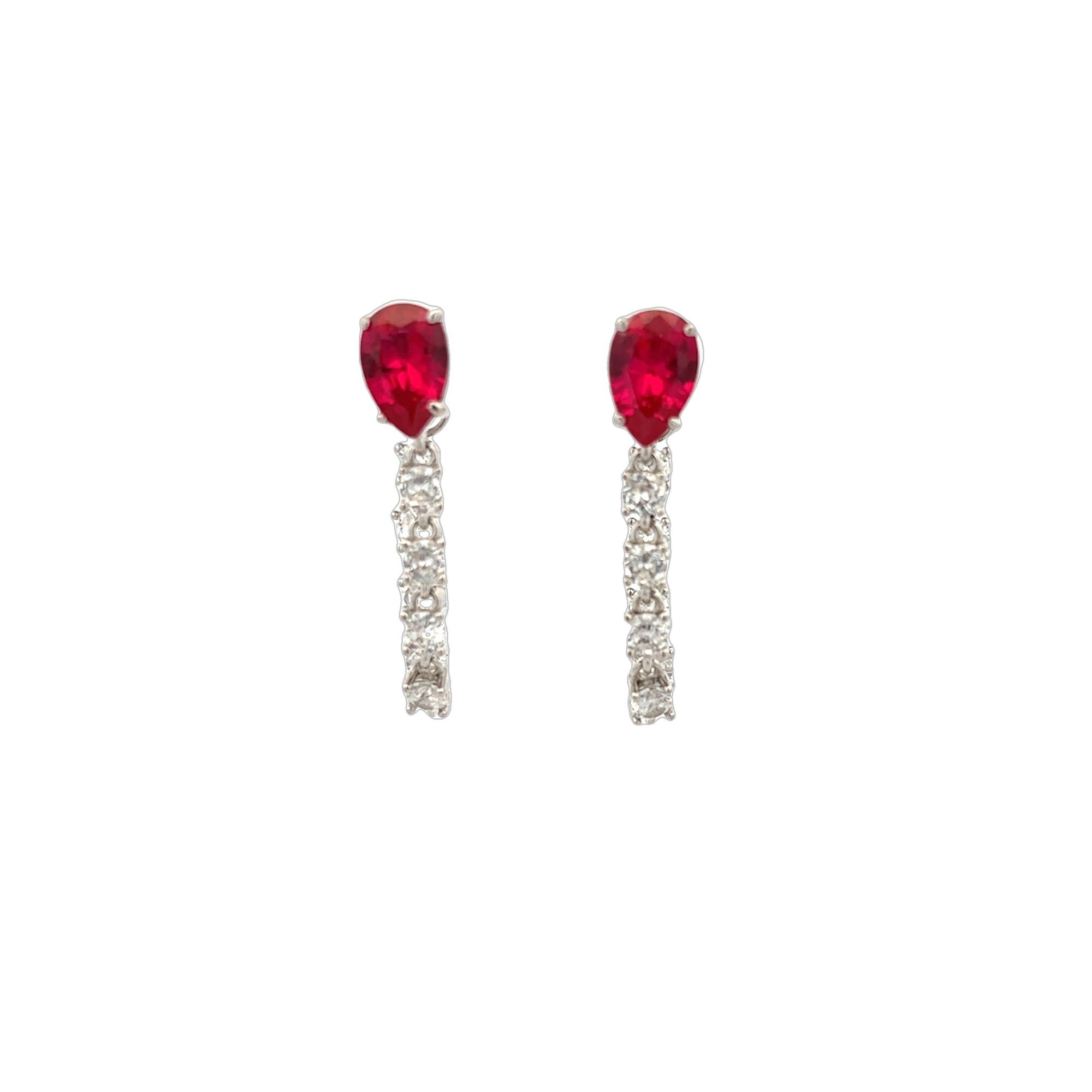 RED CRYSTAL DROP CHAIN EARRINGS SET IN 925 SILVER