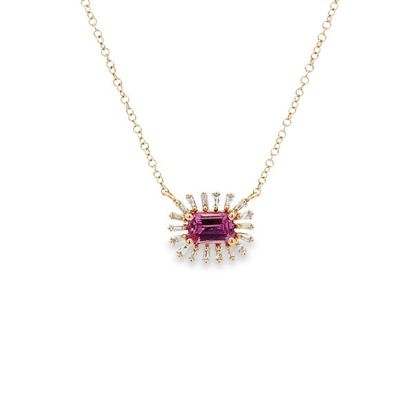 COLLAR DE ZAFIRO ROSADO Y DIAMANTES BAGUETTE EN ORO ROSADO 14K .