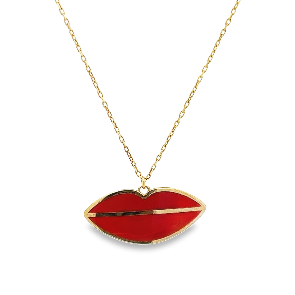 925 SILVER GOLD PLATED RED ENAMEL LIPS NECKLACE