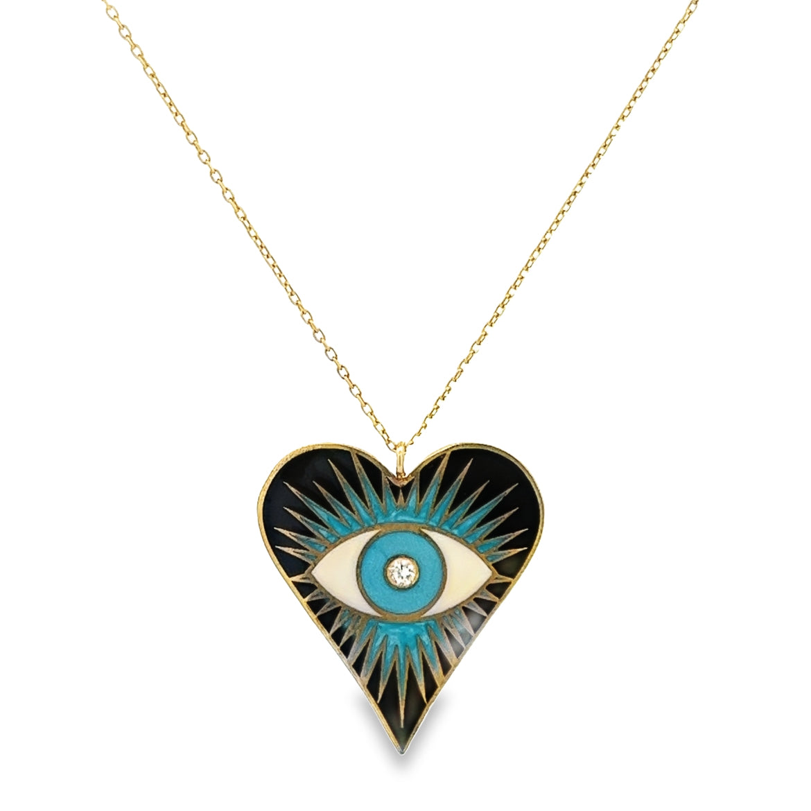925 GOLD PLATED BLACK EVIL EYE HEART PENDANT WITH BABY BLUE AND WHITE ENAMEL