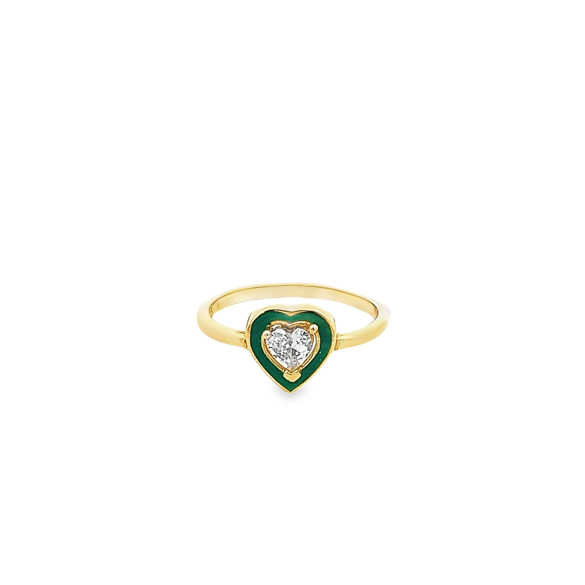 925 SILVER GOLD PLATED HEART CUT CRYSTAL RING WITH GREEN ENAMEL