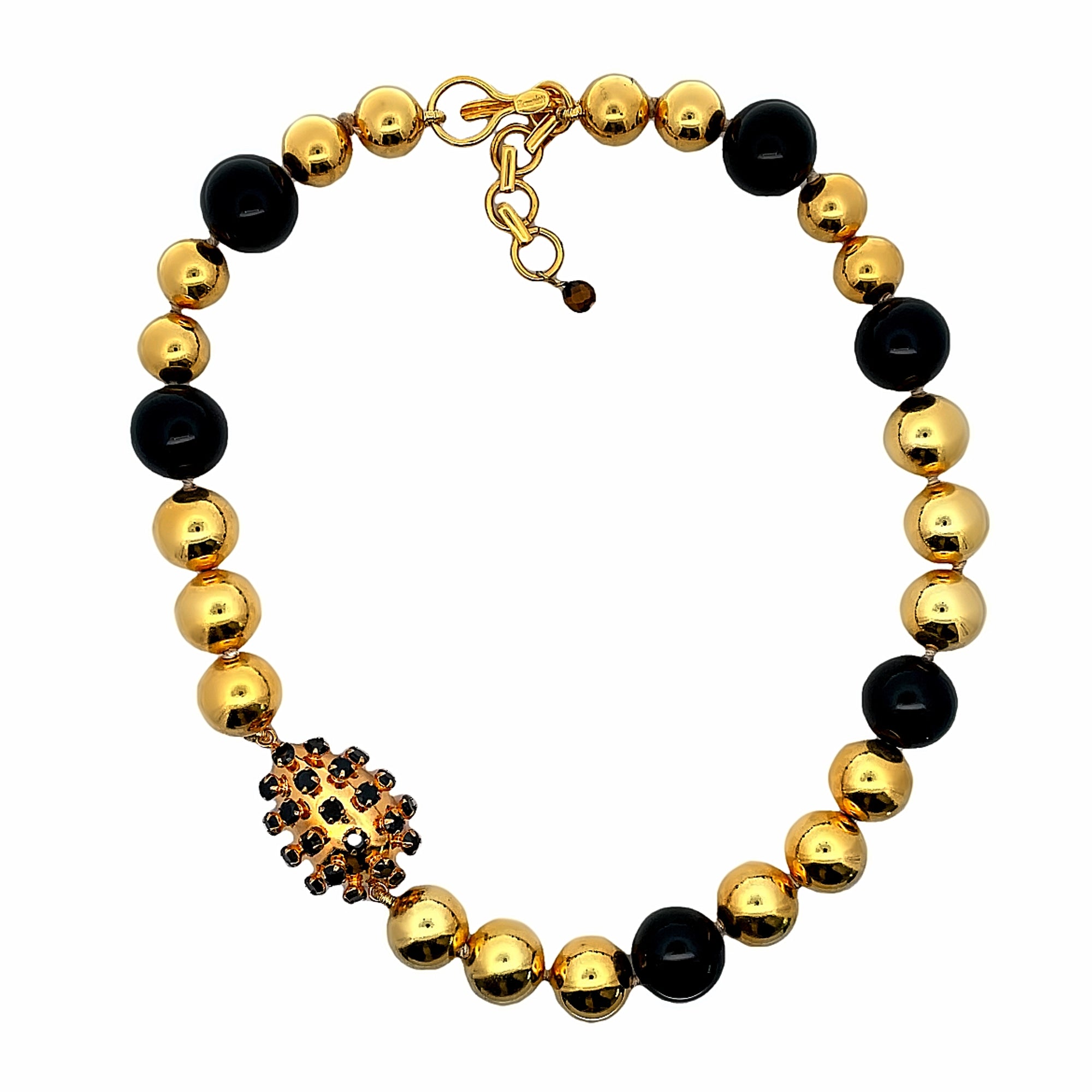 GOLDEN AND BLACK ONYX NECKLACE WITH WHITE TOPAZ SET IN 14K GOLD PLATED METAL