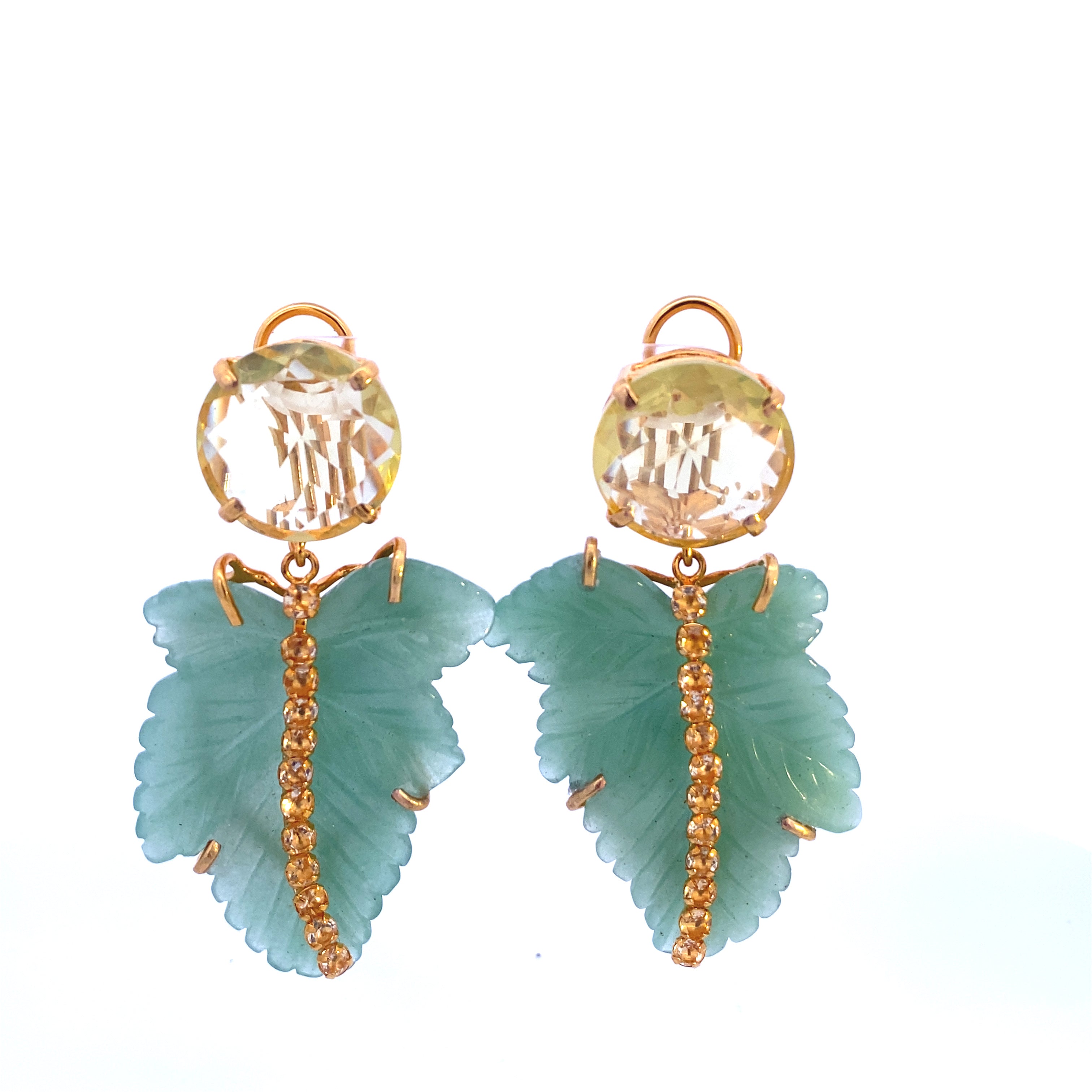 EARRINGS ROUND FACETED LEMON QUARTZ WITH CARVED GREEN AVENTURINE LEAF DROP