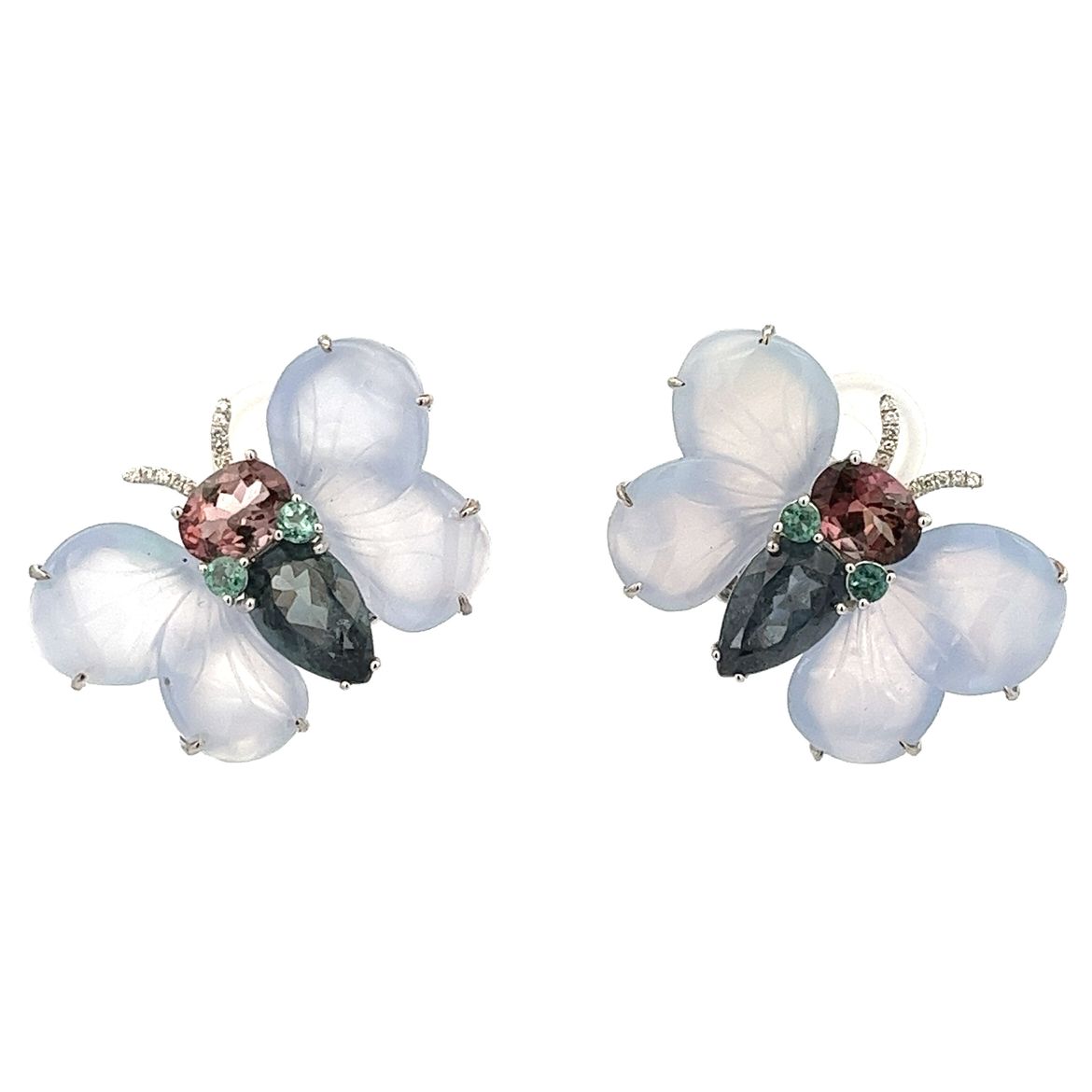 18K GOLD TOURMALINE AND CHALCEDONY BUTTERFLY EARRINGS