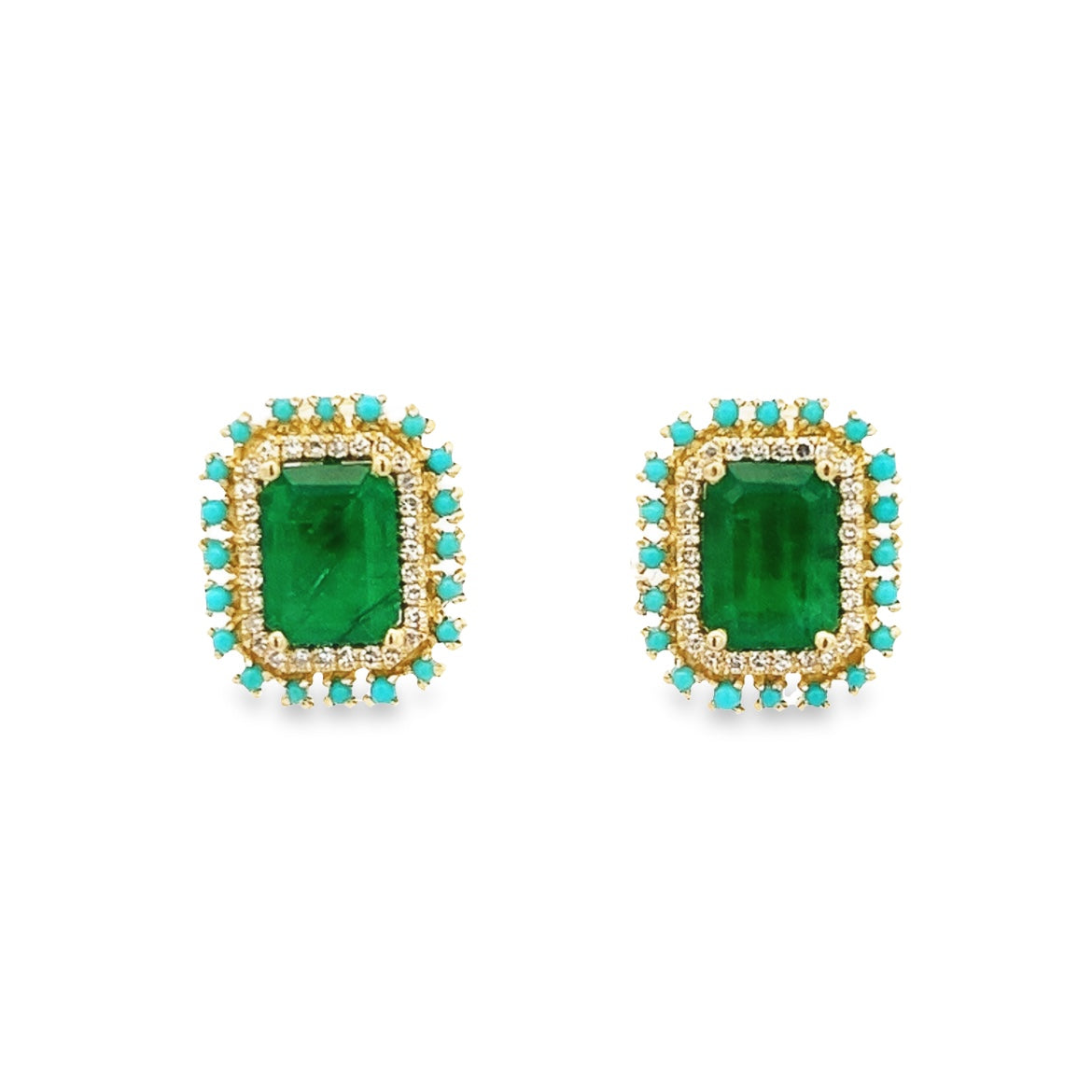 14K GOLD EMERALD TURQUOISE AND DIAMONDS EARRINGS