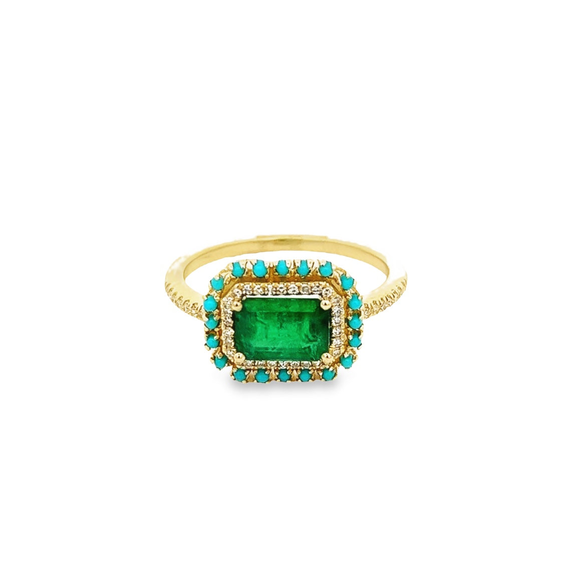 14K GOLD EMERALD TURQUOISE AND DIAMONDS RING