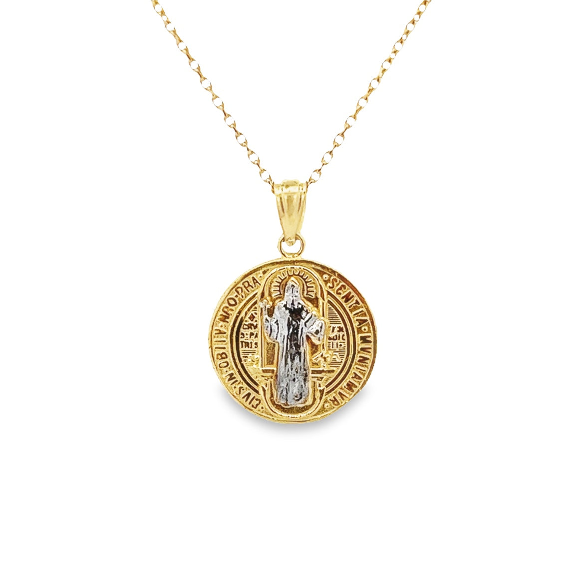 14K WHITE AND GOLD SMALL SAINT BENEDICT MEDAL