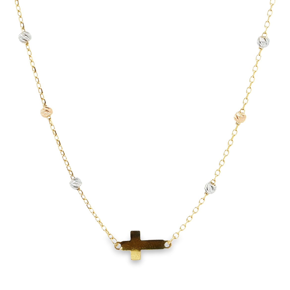 14K YELLOW, WHITE AND ROSE GOLD CROSS NECKLACE