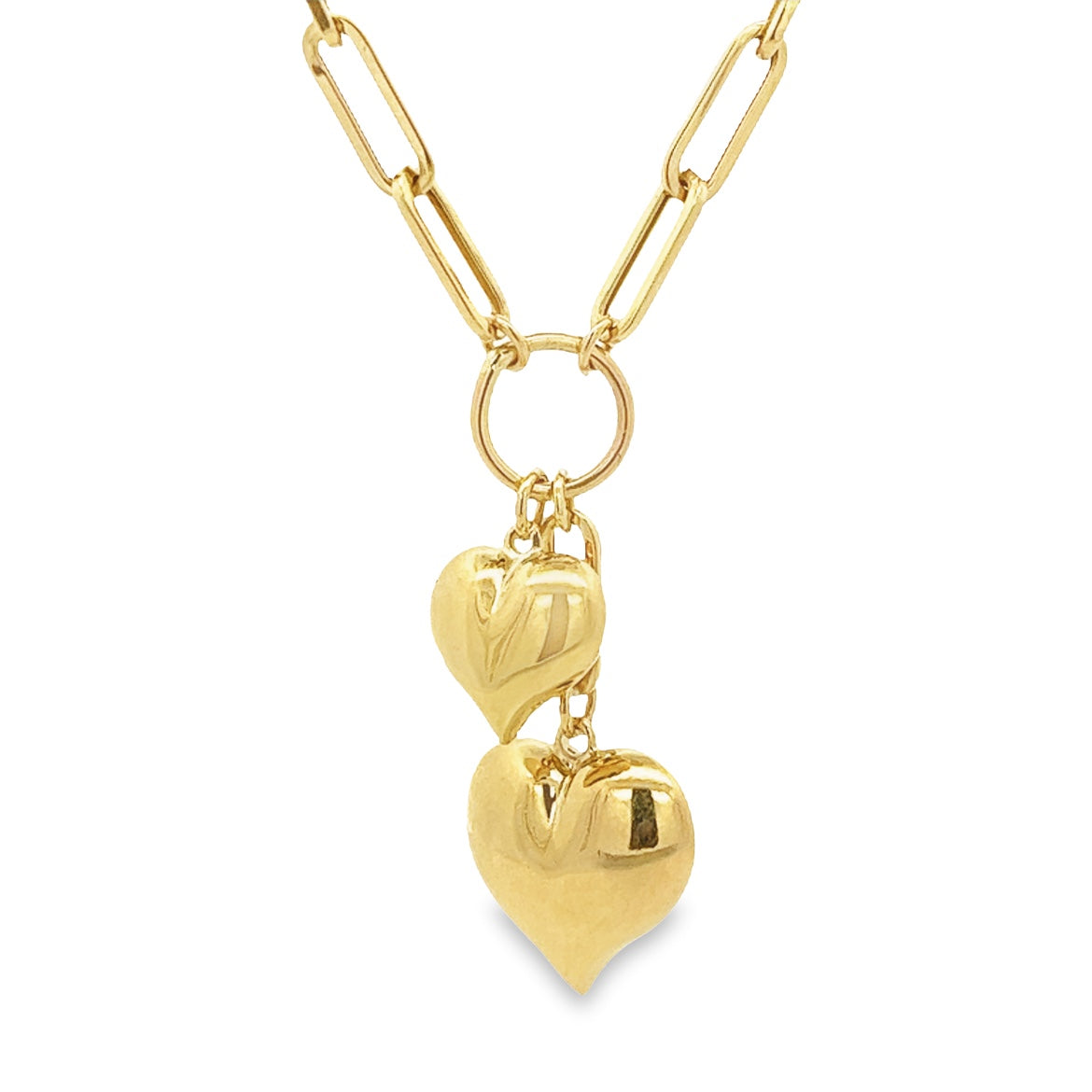 14K GOLD PAPER CLIP CHAIN WITH HEART CHARMS