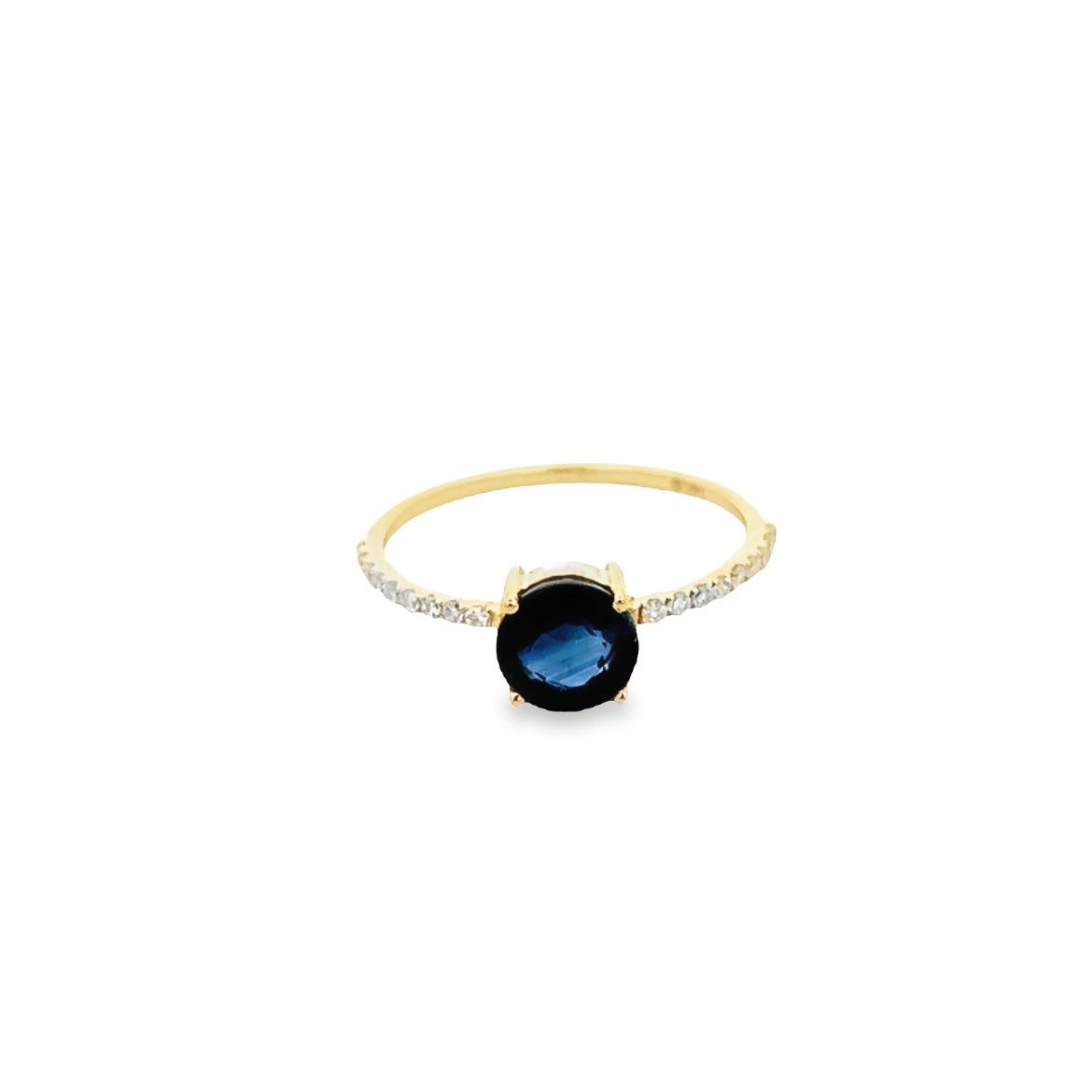 ROUND BLUE SAPPHIRE AND DIAMONDS RING SET IN 14K YELLOW GOLD