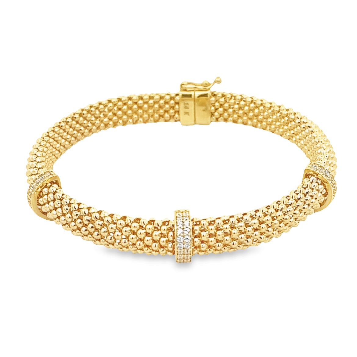 14K GOLD MESH BRACELET WITH PAVE CHARMS