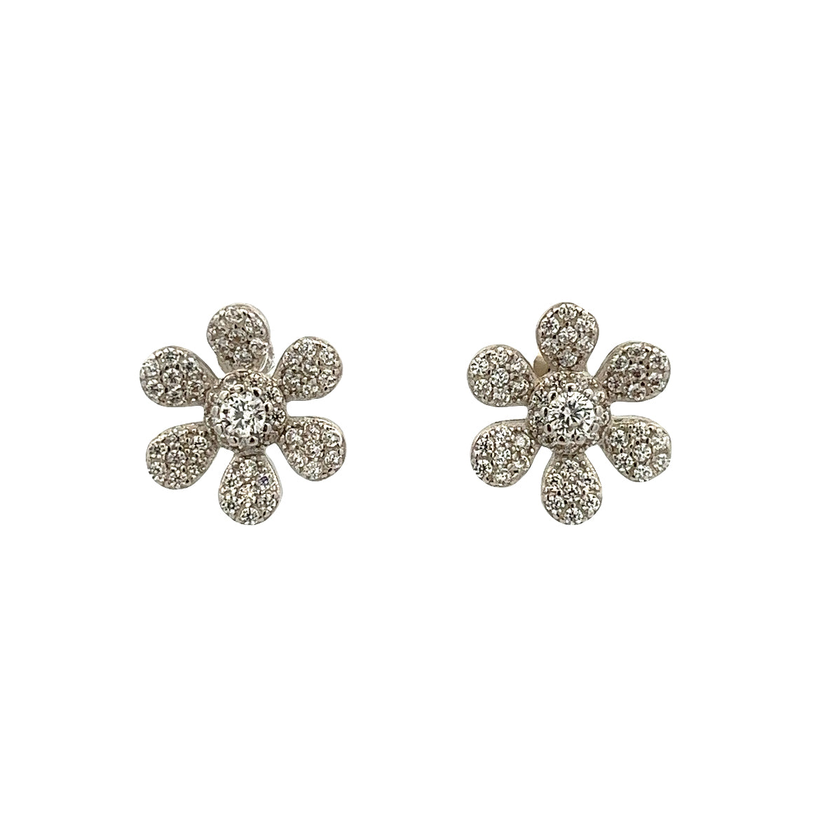 925 SILVER PLATED FLOWER PAVE EARRINGS WITH CRYSTALS