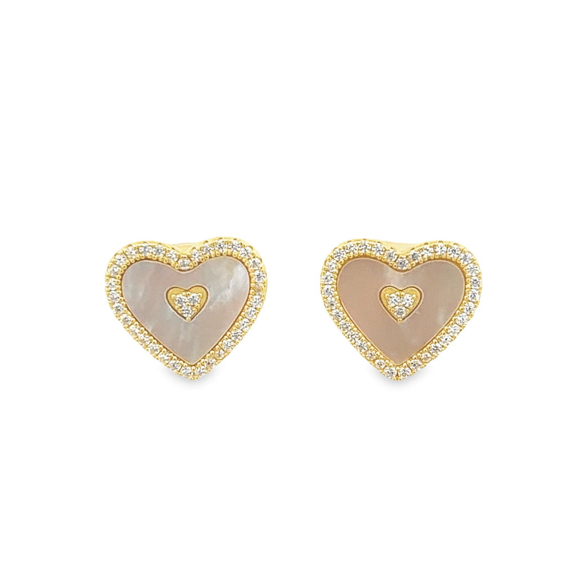 925 SILVER GOLD PALTED HEART STUDS WITH MOTHER OF PEARL