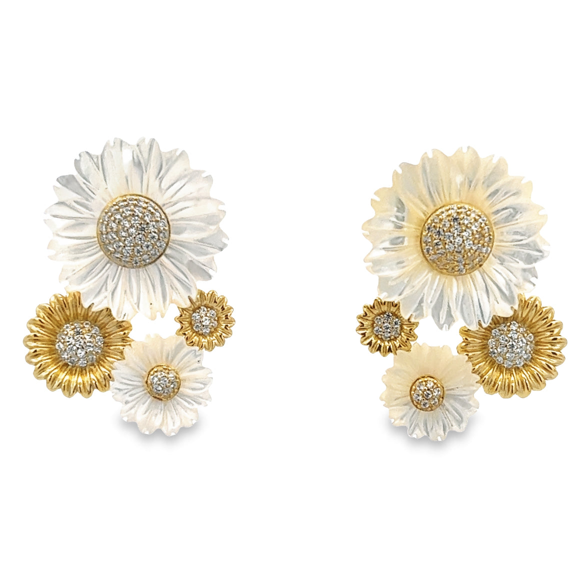 925 SILVER GOLD PLATED MOTHER OF PEARL FLOWER EARRINGS WITH CRYSTALS