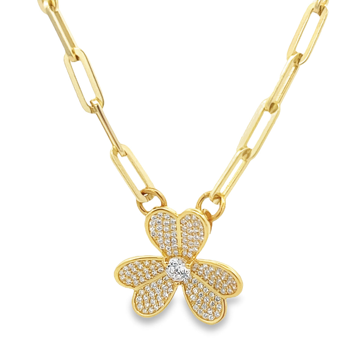 925 SILVER GOLD PALTED CLOVER PAPERCLIP NECKLACE