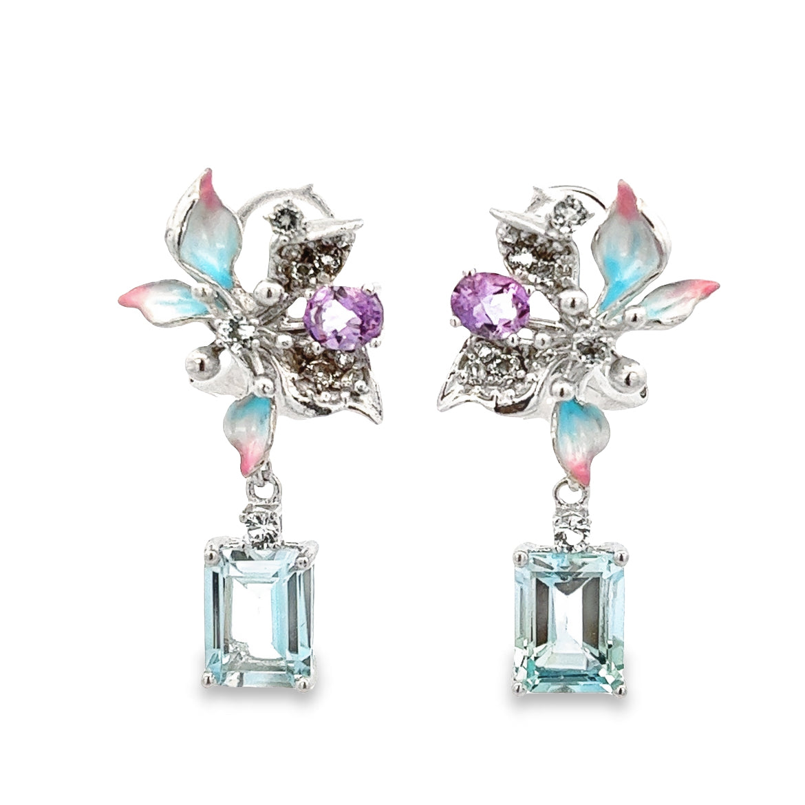 925 SILVER PLATED EARRINGS CENTER BLUE TOPAZ, AMETHYST AND WHITE TOPAZ