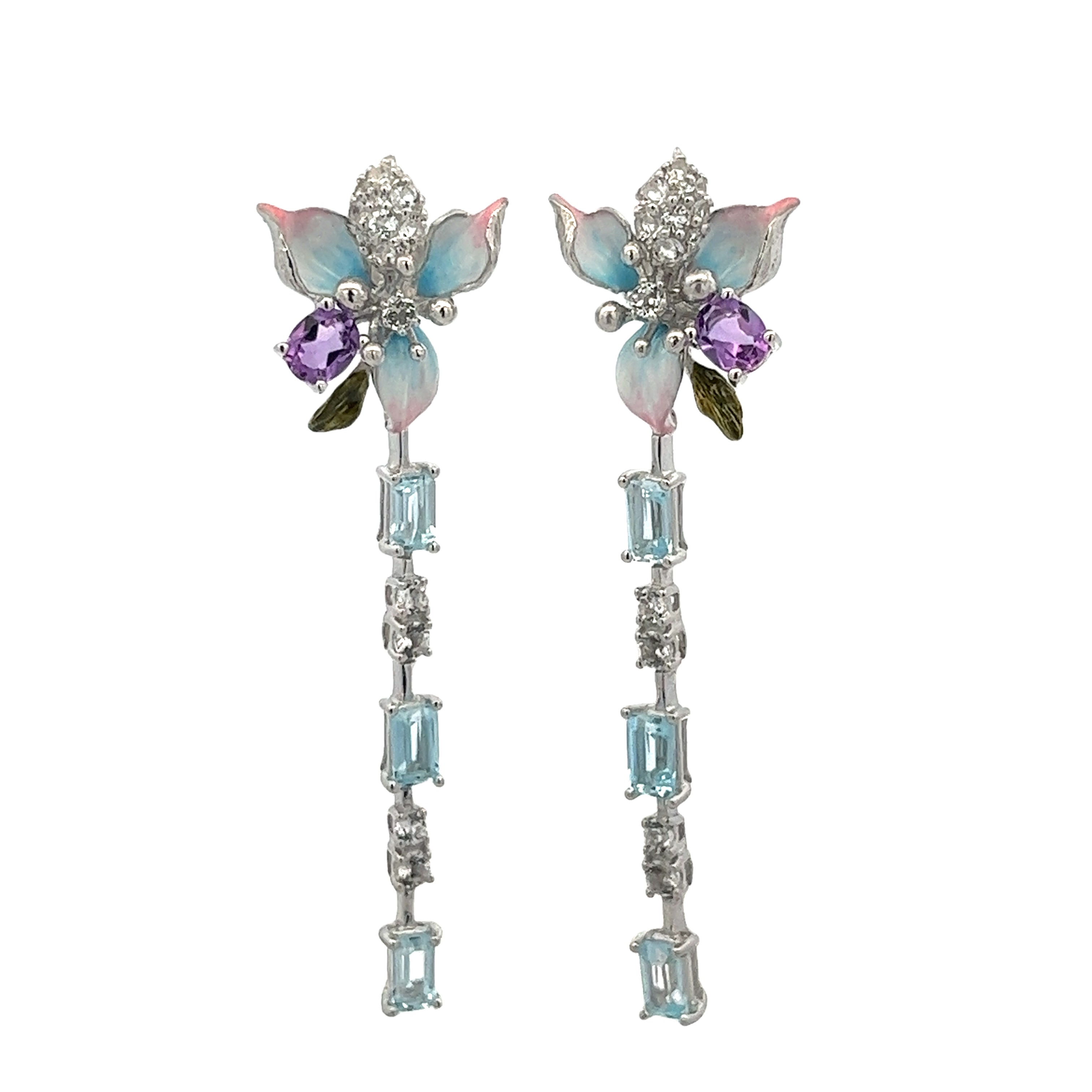925 SILVER PLATED EARRINGS CENTER BLUE TOPAZ, AMETHYST AND WHITE TOPAZ
