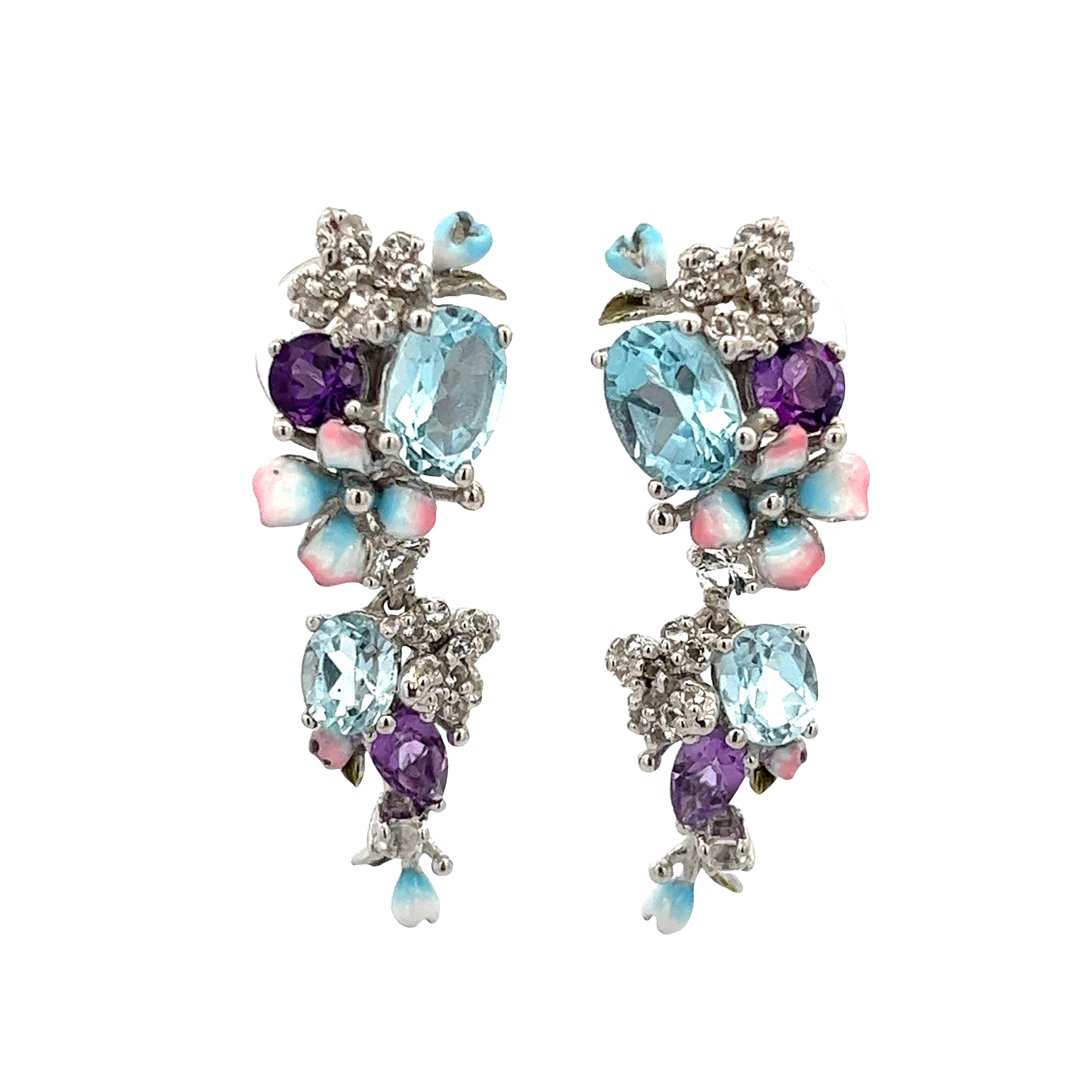 925 SILVER PLATED EARRING CENTER BLUE TOPAZ, AMETHYST AND WHITE TOPAZ