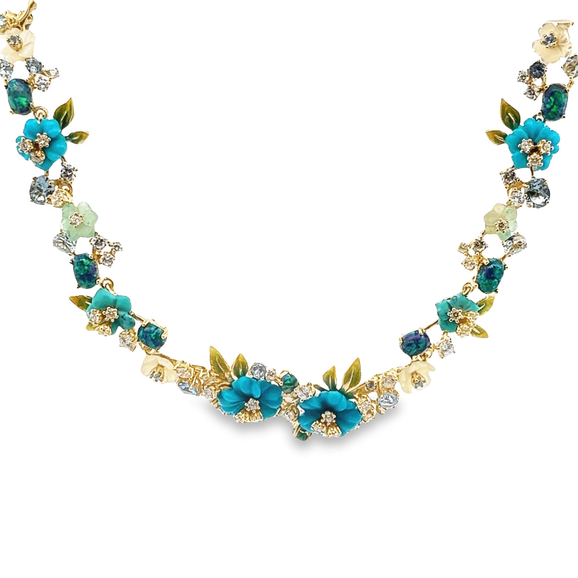 925 SILVER GOLD PLATED NECKLACE CENTER FLOWER TURQUOISE, OPAL AND GREEN BLUE TOPAZ
