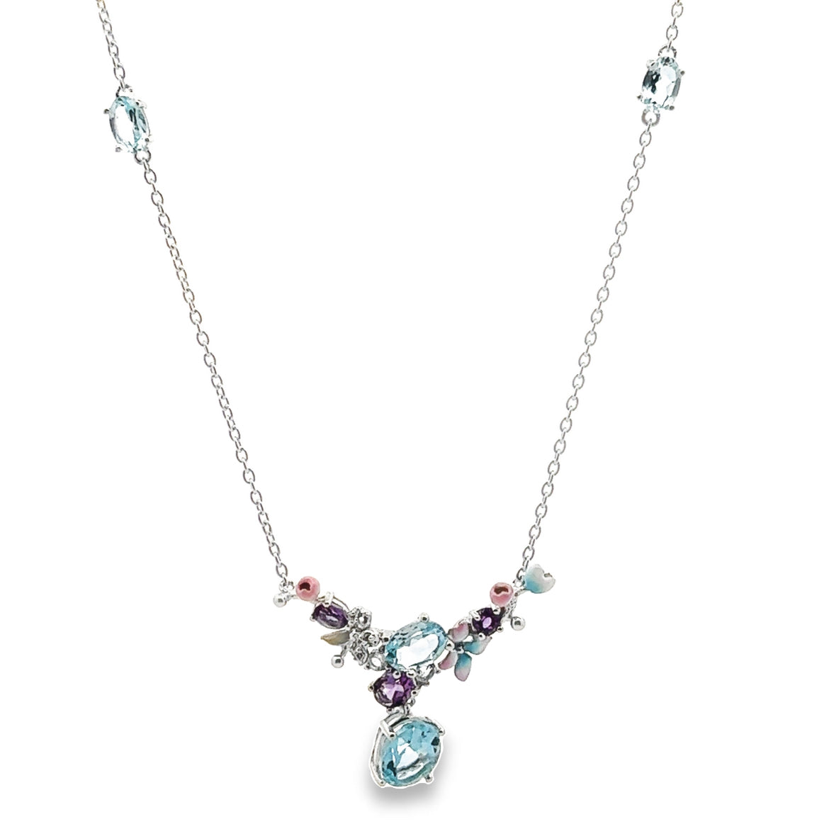 925 SILVER PLATED NECKLACE WITH BLUE TOPAZ AMETHYST AND WHITE TOPAZ