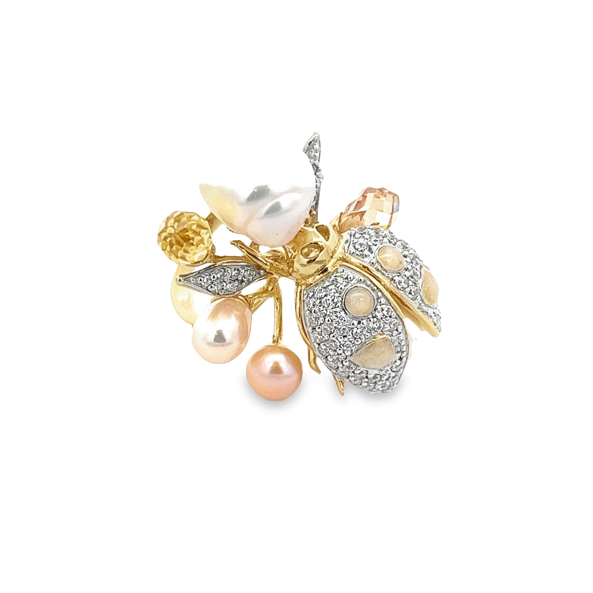 925 SILVER GOLD PLATED LADYBUG RING WITH PEARLS