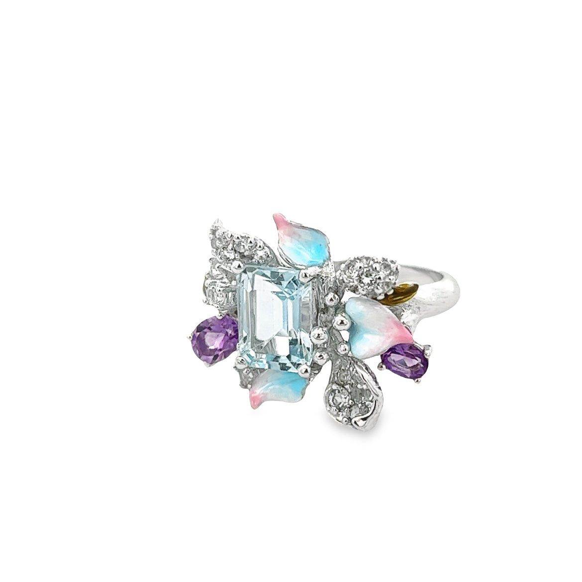 925 SILVER PLATED RING WITH BLUE TOPAZ, AMETHYST AND WHITE TOPAZ