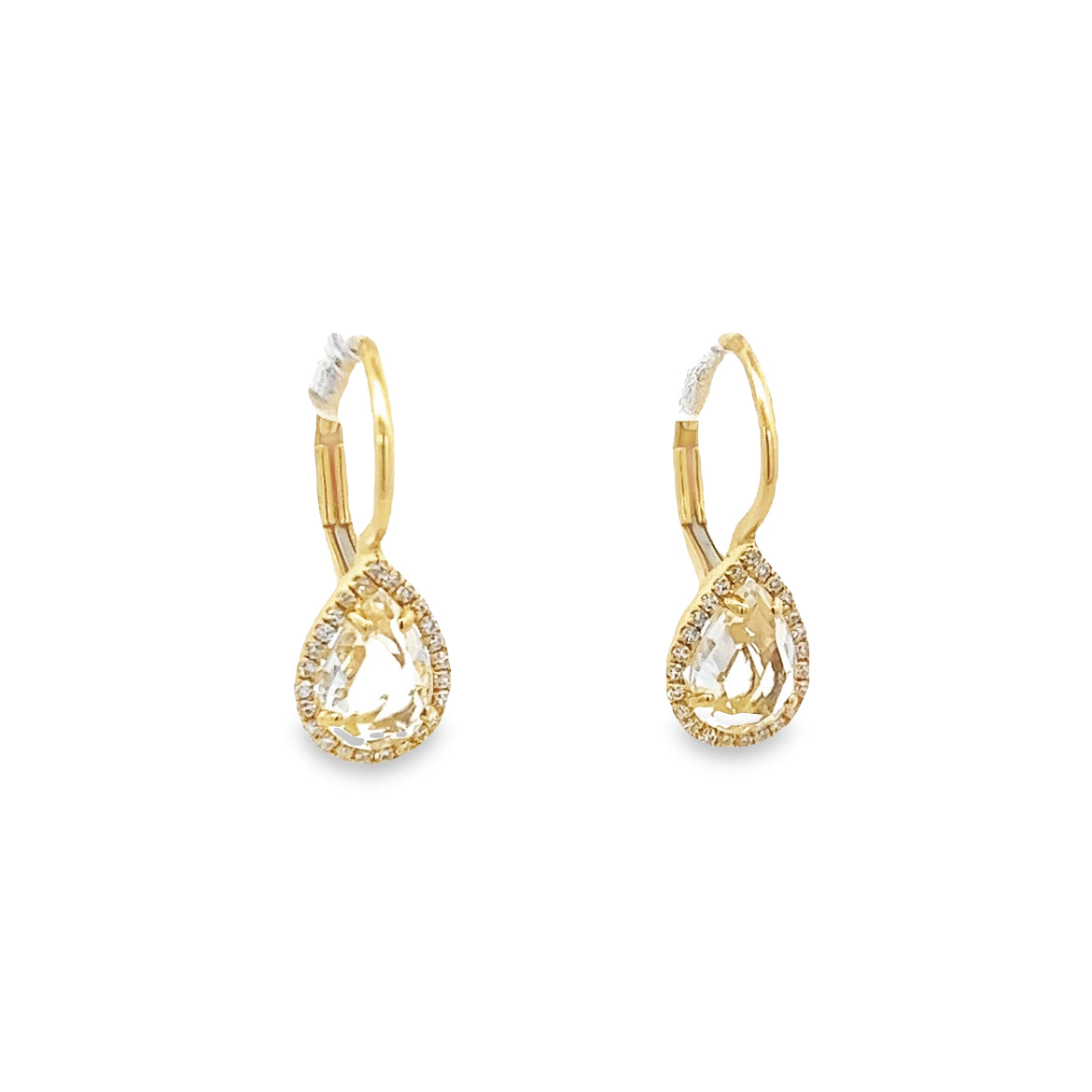 14K GOLD WHITE TOPAZ PEAR CUT AND HALO EARRINGS
